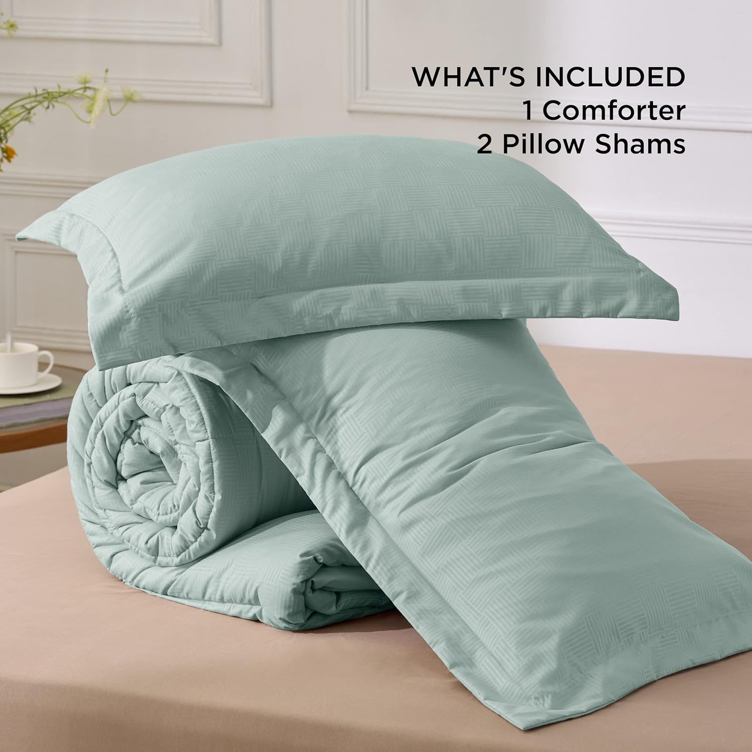 Bedsure Juego de edredón verde salvia tamaño King, juego de edredón alternativo con patrón de cesta verde salvia, relleno de edredón con costuras en