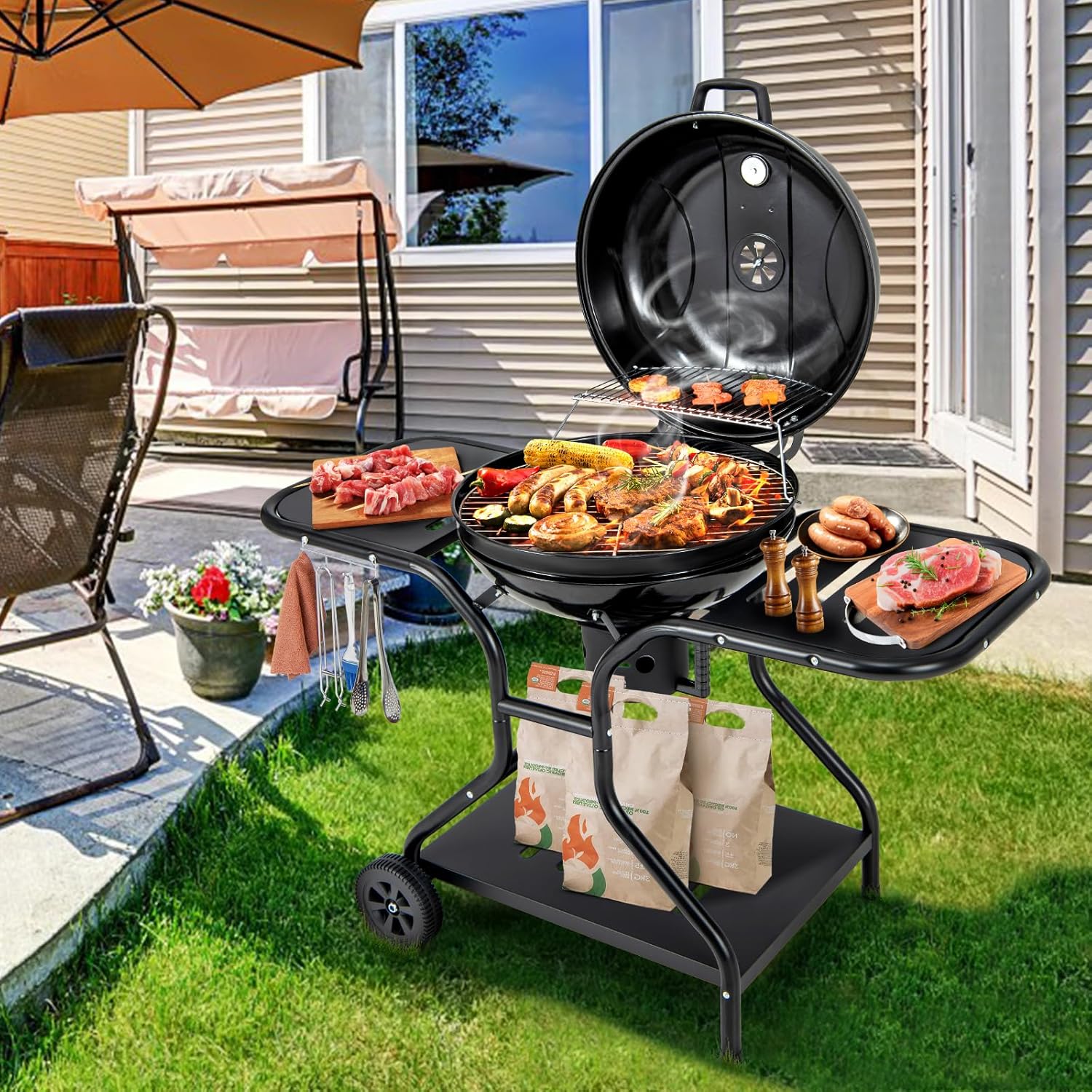 Giantex Kettle – Parrilla de carbón de 22 pulgadas, cuerpo y tapa esmaltados de porcelana, 2 mesas auxiliares con 4 ganchos, estante de