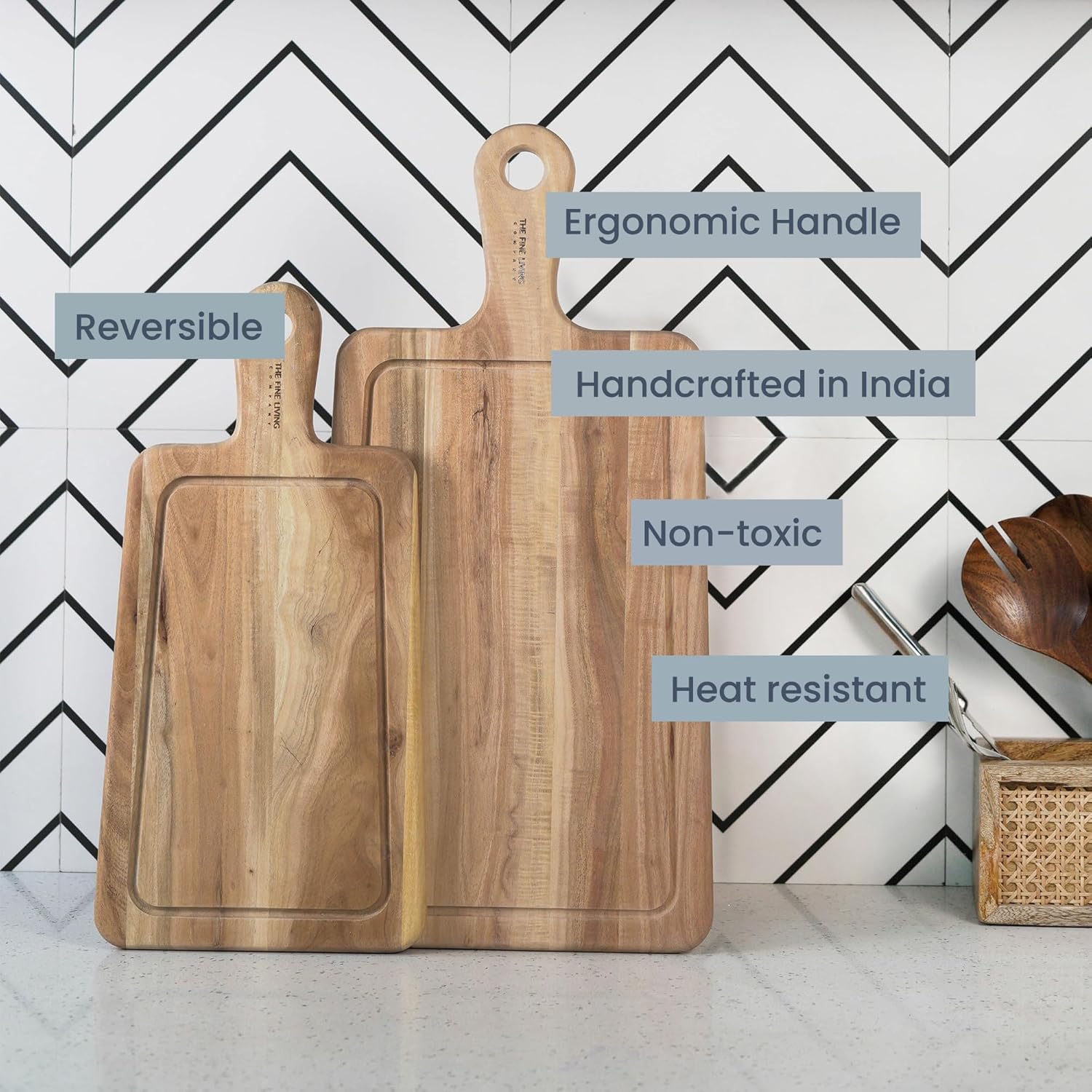 The Fine Living Co. Cutting Board, Neem Wood Chopping Board with Handle, 0.6″ Thick Board with Juice Grooves, Non-slip Board for Kitchen Countertop,