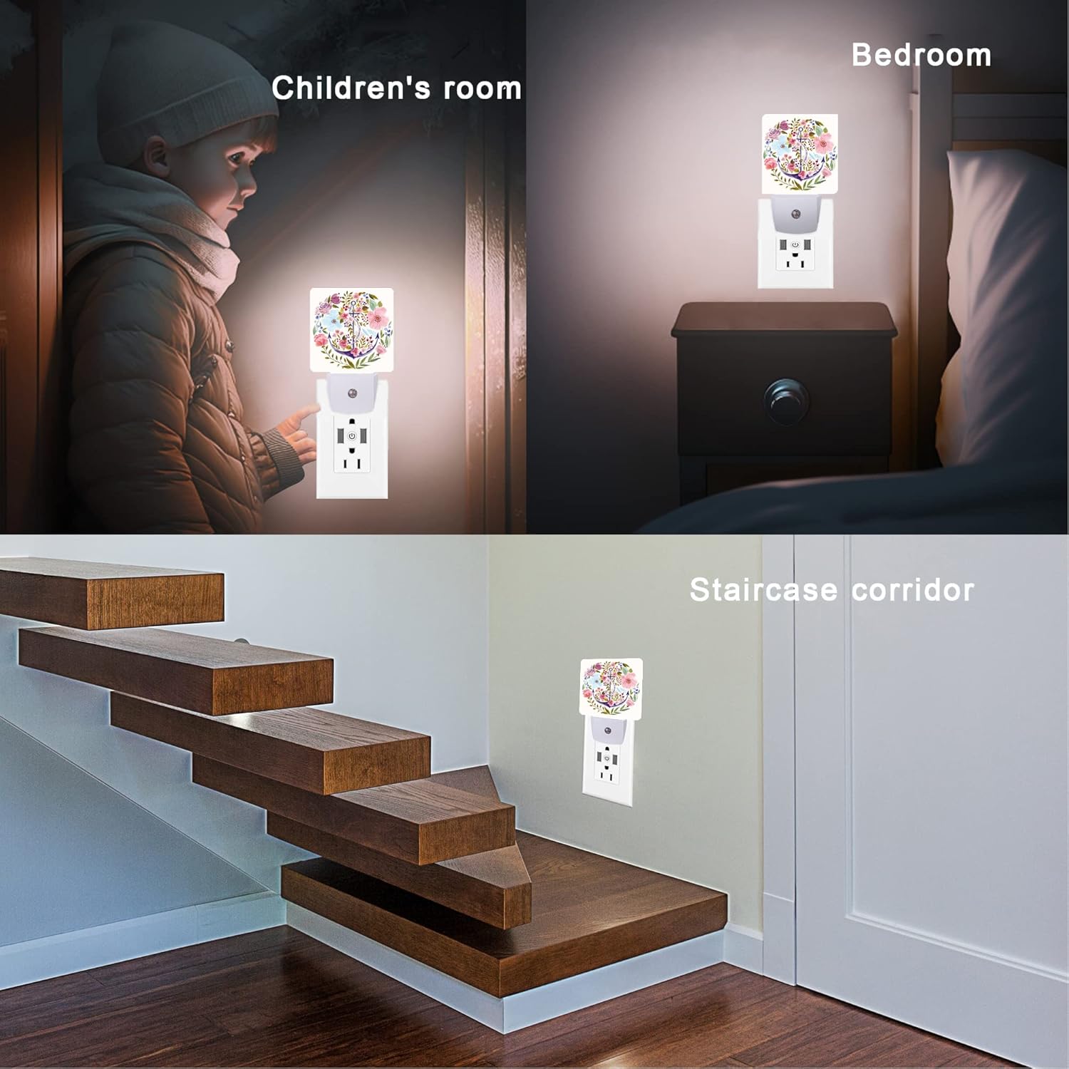 Luz nocturna de ancla, luces de noche con enchufe floral de acuarela de 0.5 W, apto para dormir para niños y niñas, luz nocturna LED con sensor de