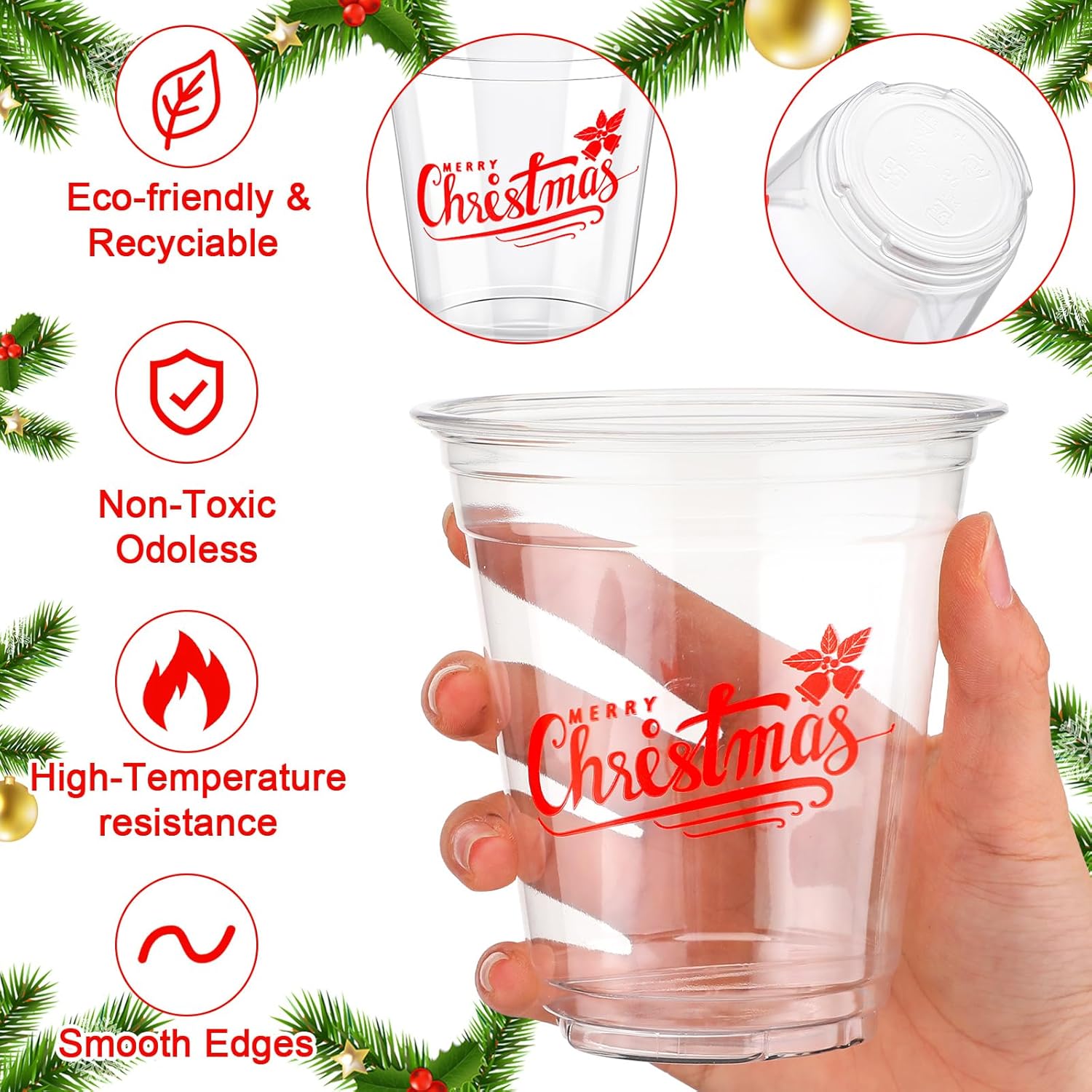 Dandat 100 vasos de Navidad de 12 onzas, vasos de plástico de Navidad, vasos desechables de Navidad, vasos desechables de Navidad, vasos de