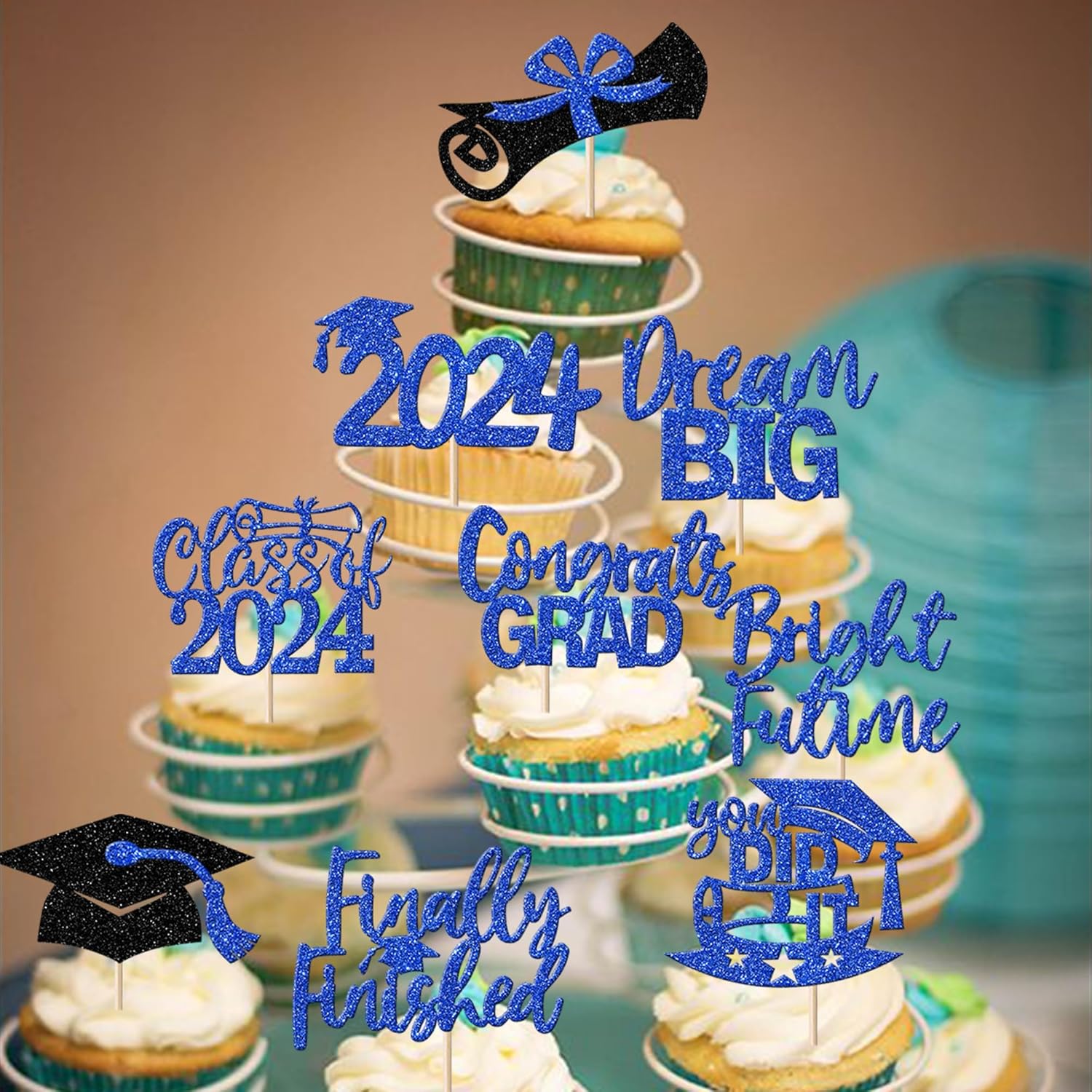 Paquete de 40 adornos para cupcakes de graduación Class of 2023 con purpurina So Proud of You Diploma Graduation Cap Cupcake Picks Bright Future
