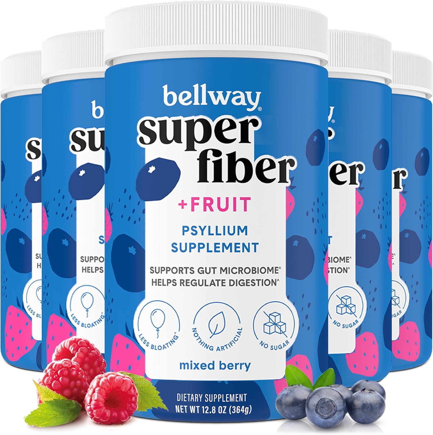 Bellway Polvo súper fibra + fruta (paquete de 5), suplemento de fibra en polvo de cáscara de psyllium orgánica sin azúcar para regularidad, alivio