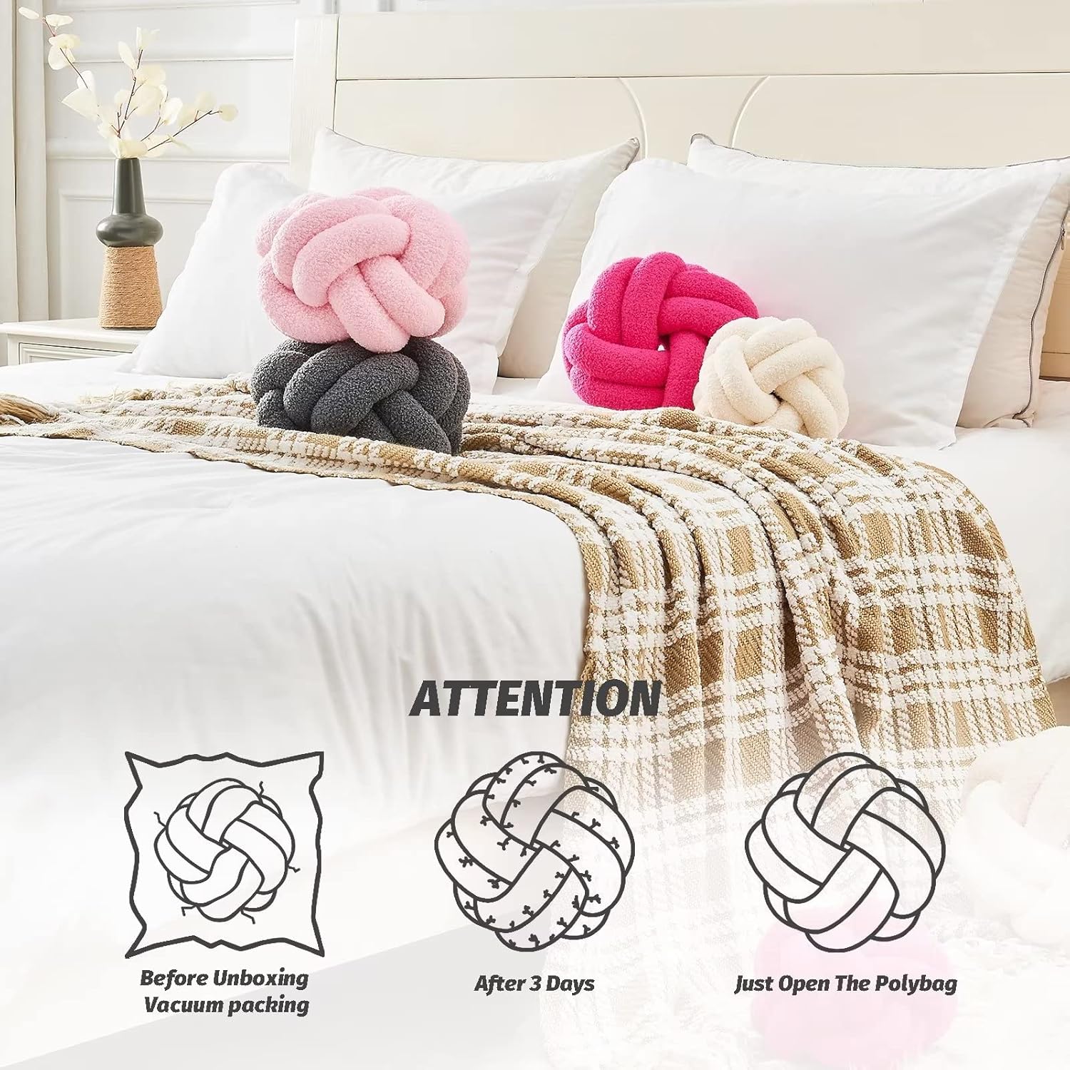 Uvvyui Bola de almohada de nudo, suave color gris oscuro, para decoración del hogar, almohada redonda de felpa hecha a mano, almohadas decorativas