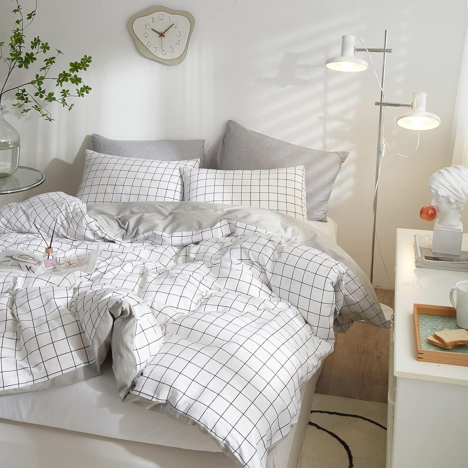 VClife Funda de edredón de algodón individual XL, juego de ropa de cama a cuadros tamaño individual XL, estilo simple, blanco y gris, funda de