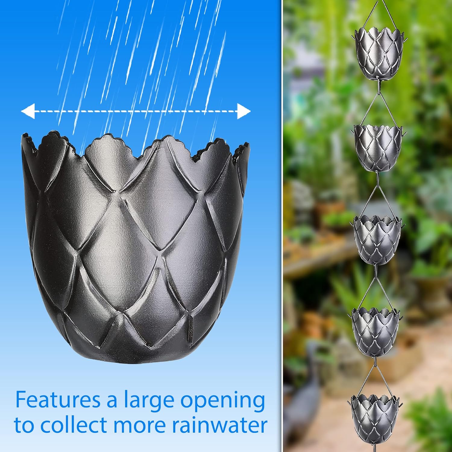 Cadena de lluvia de 8.5 pies de longitud – Recambio funcional y decorativo para canaletas – Colector de canaletas de cadena de lluvia – Desviador de