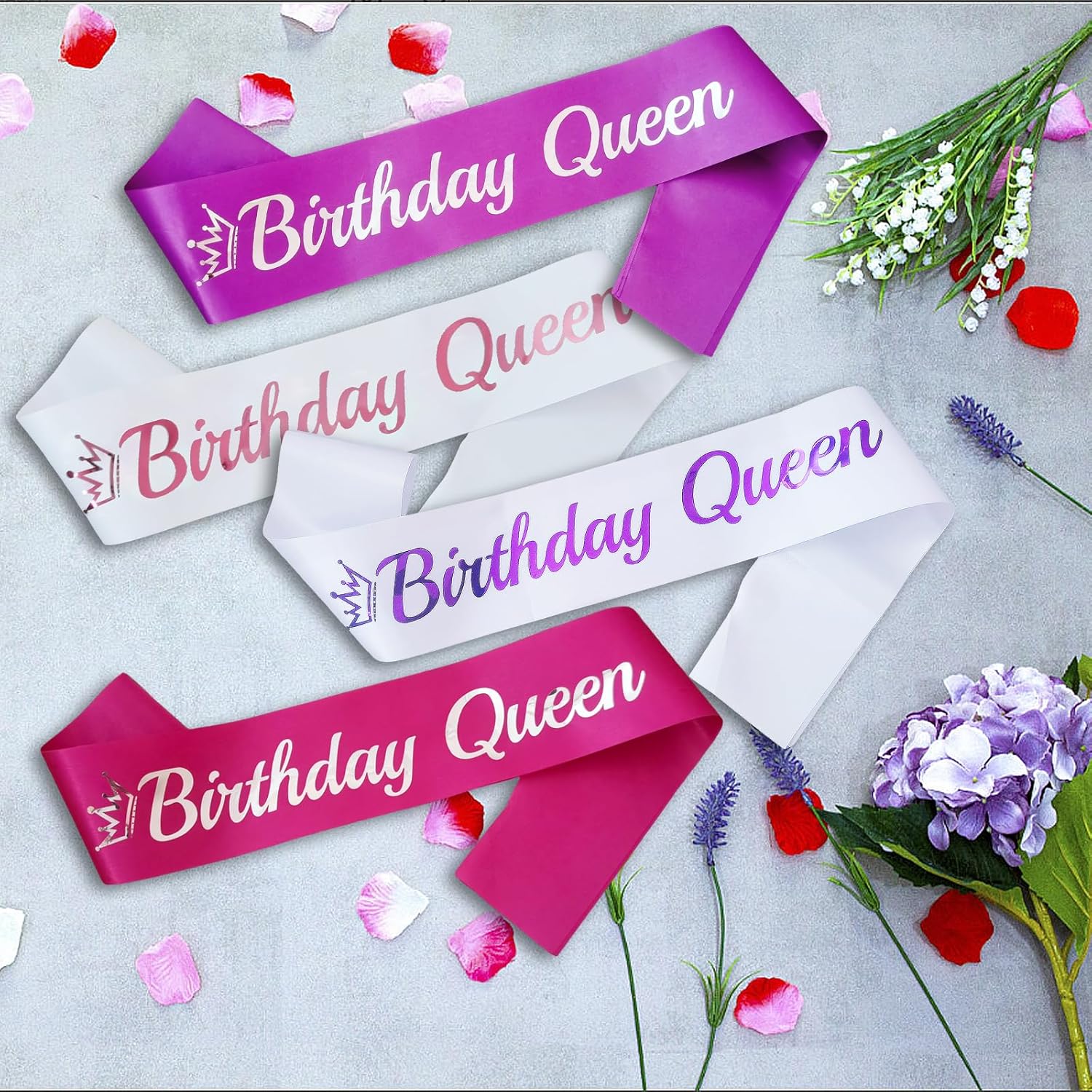Banda de cumpleaños Queen blanca, banda de cumpleaños de papel de aluminio morado para mujer, divertidas decoraciones de fiesta de cumpleaños, ideas