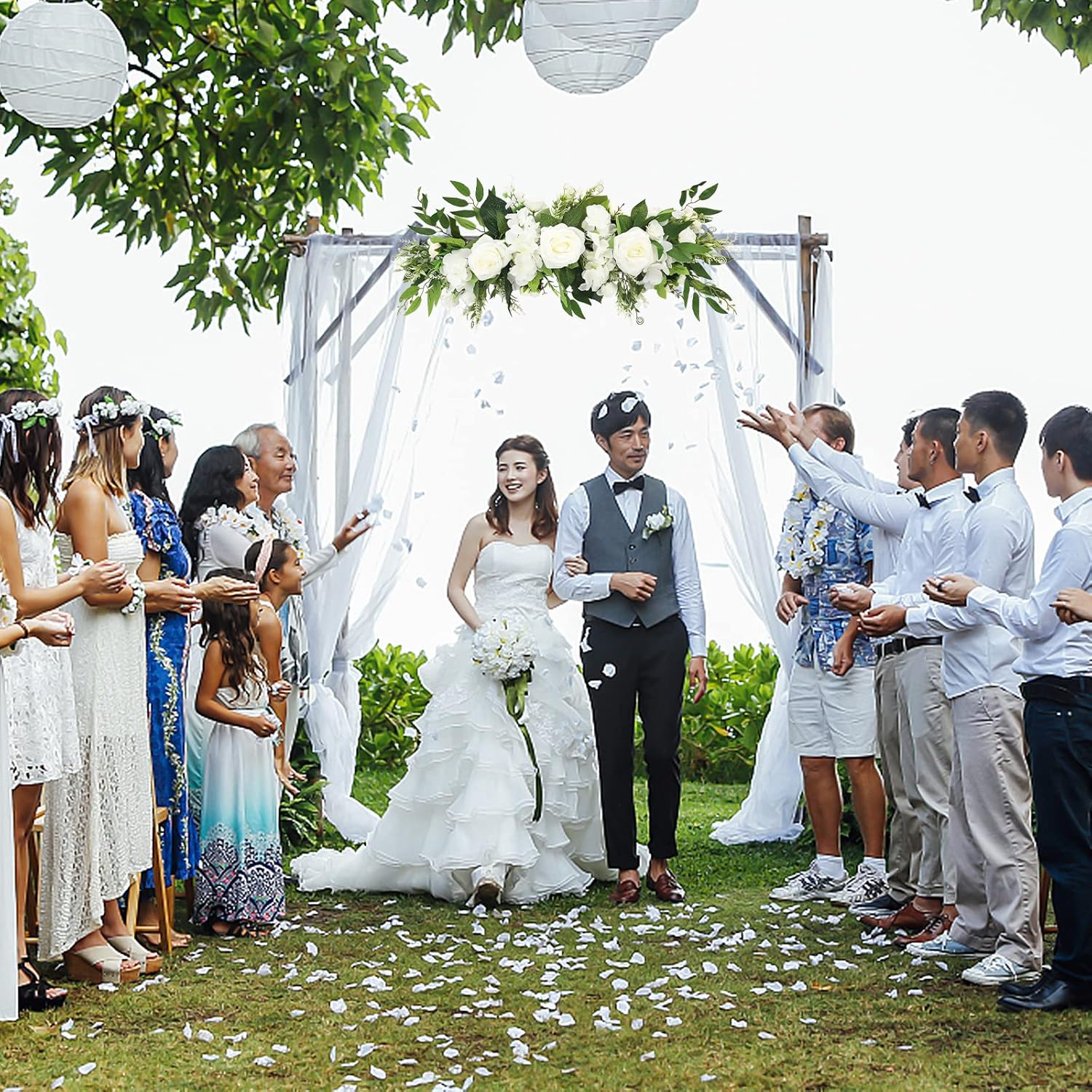 Arreglo floral de árbol artificial, diseño floral rústico, con diseño de arco para boda, recepción, decoración de mesa (blanco)