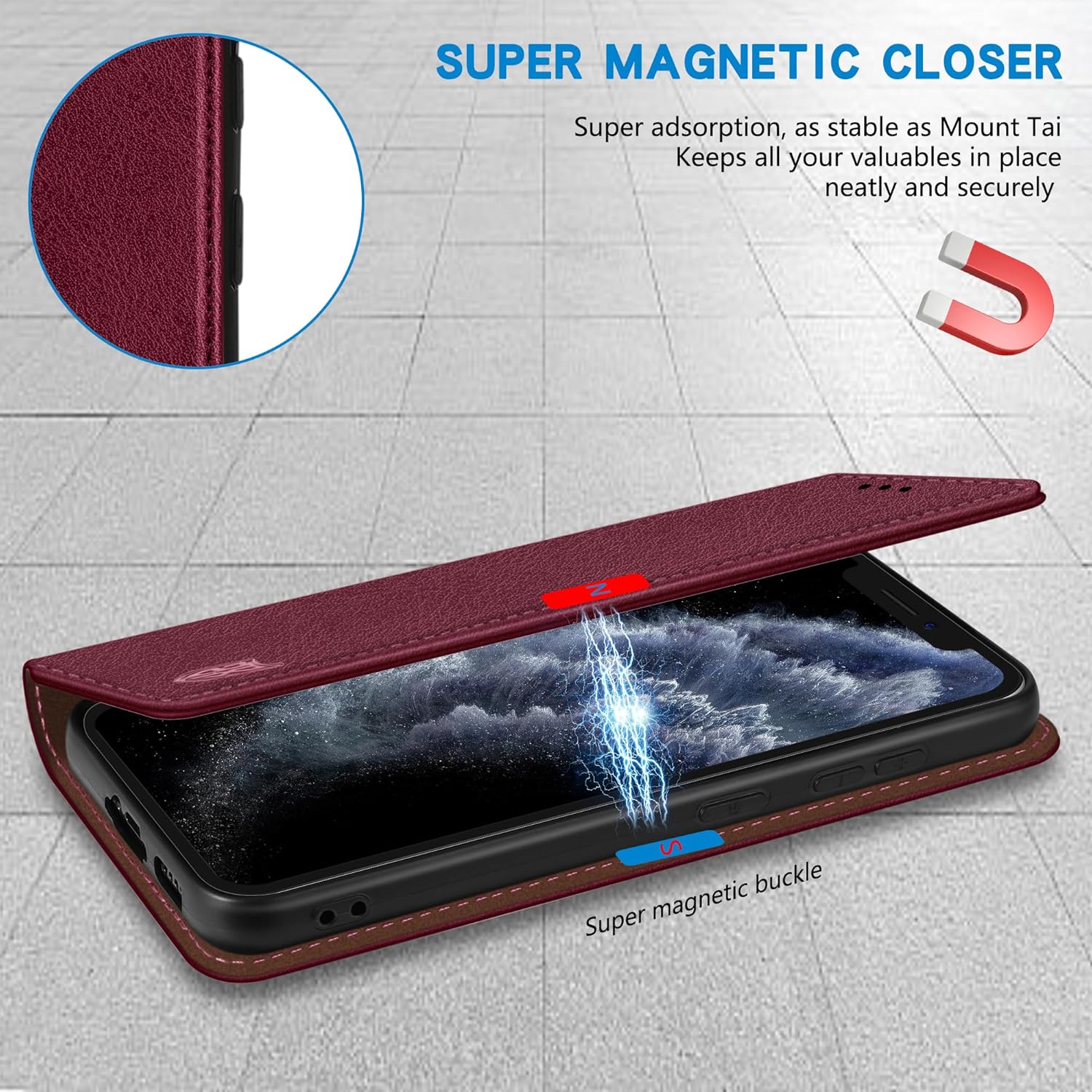 ZZXX Funda tipo cartera para iPhone 11 Pro Max, 3 ranuras para tarjetas con bloqueo RFID, funda protectora de cuero magnético fuerte para teléfono