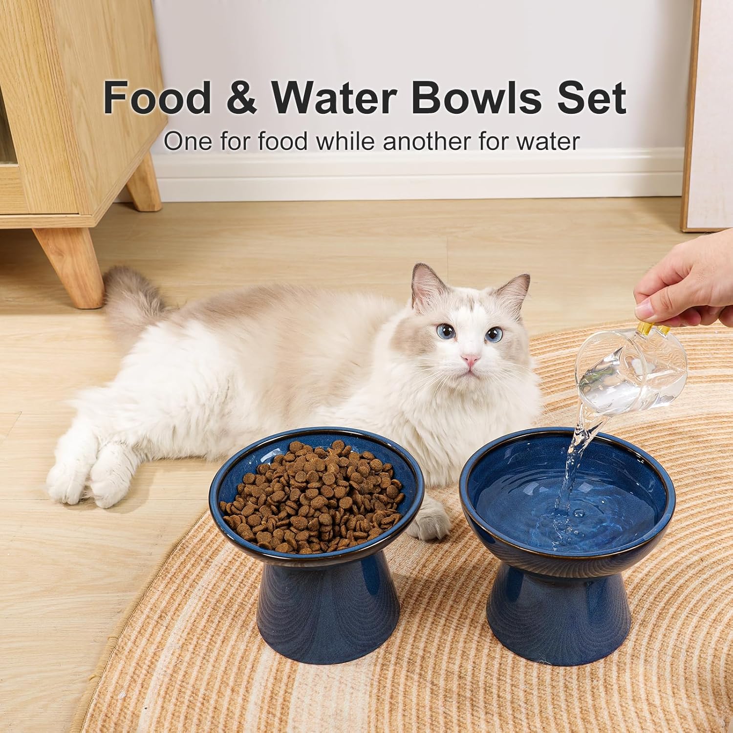 YauYik Juego de cuencos elevados para agua y comida para gatos, cuencos elevados extra anchos de 6.2 pulgadas, plato de comida para gatos poco