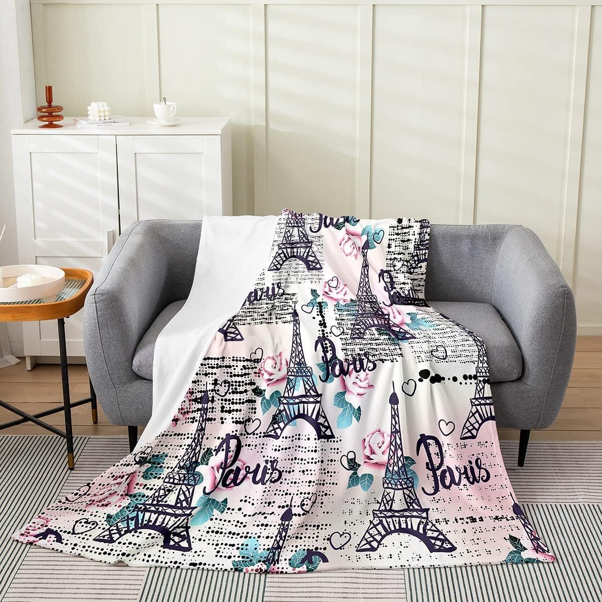 Manta de forro polar de la Torre Eiffel para cama, sofá y sillón, manta mullida de franela de la torre de París rosa, para todas las estaciones,