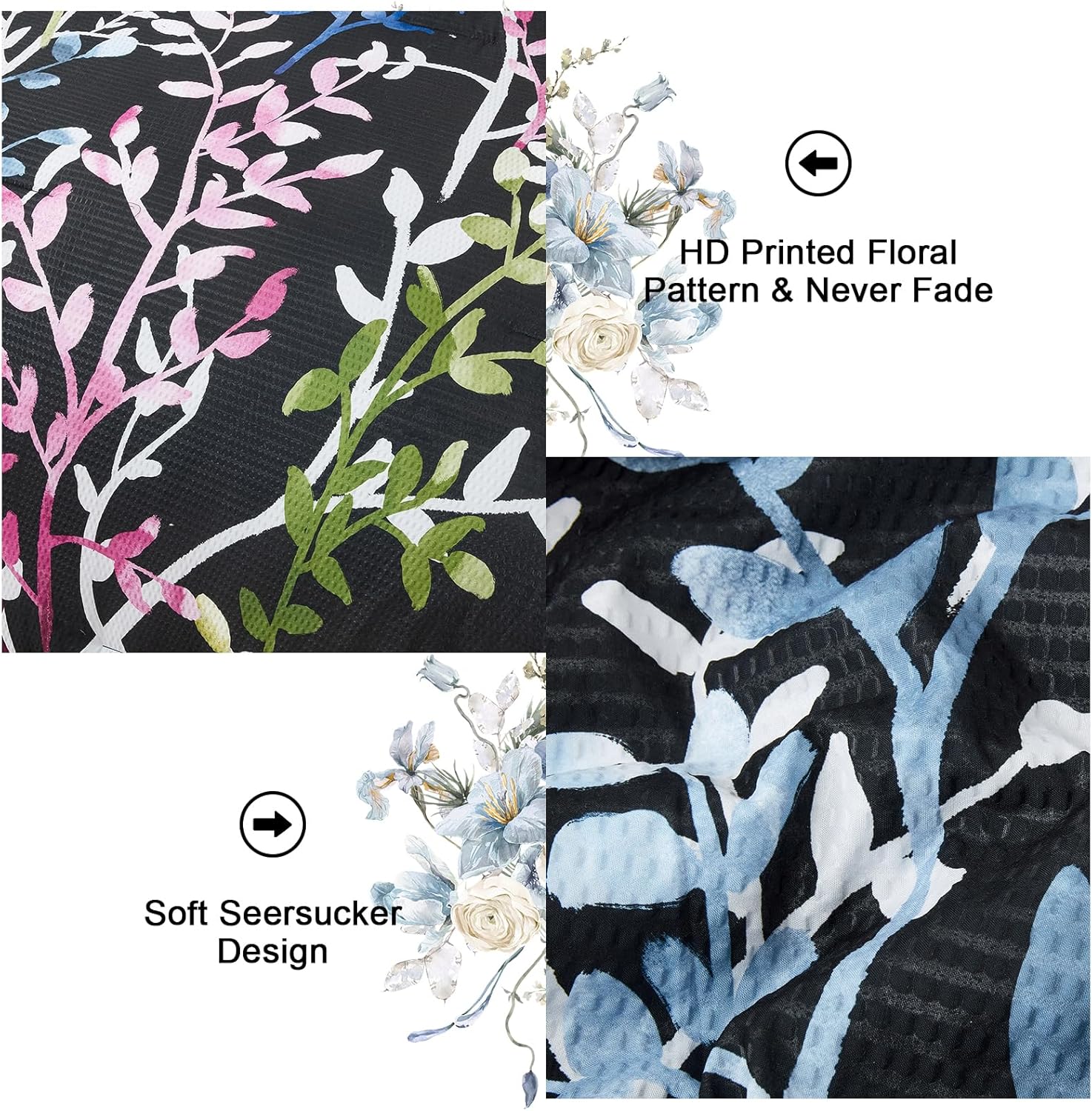 Menghomeus Juego de edredón de 7 piezas, color negro, tamaño King, diseño floral de sirsaca suave, juego de ropa de cama de microfibra para todas