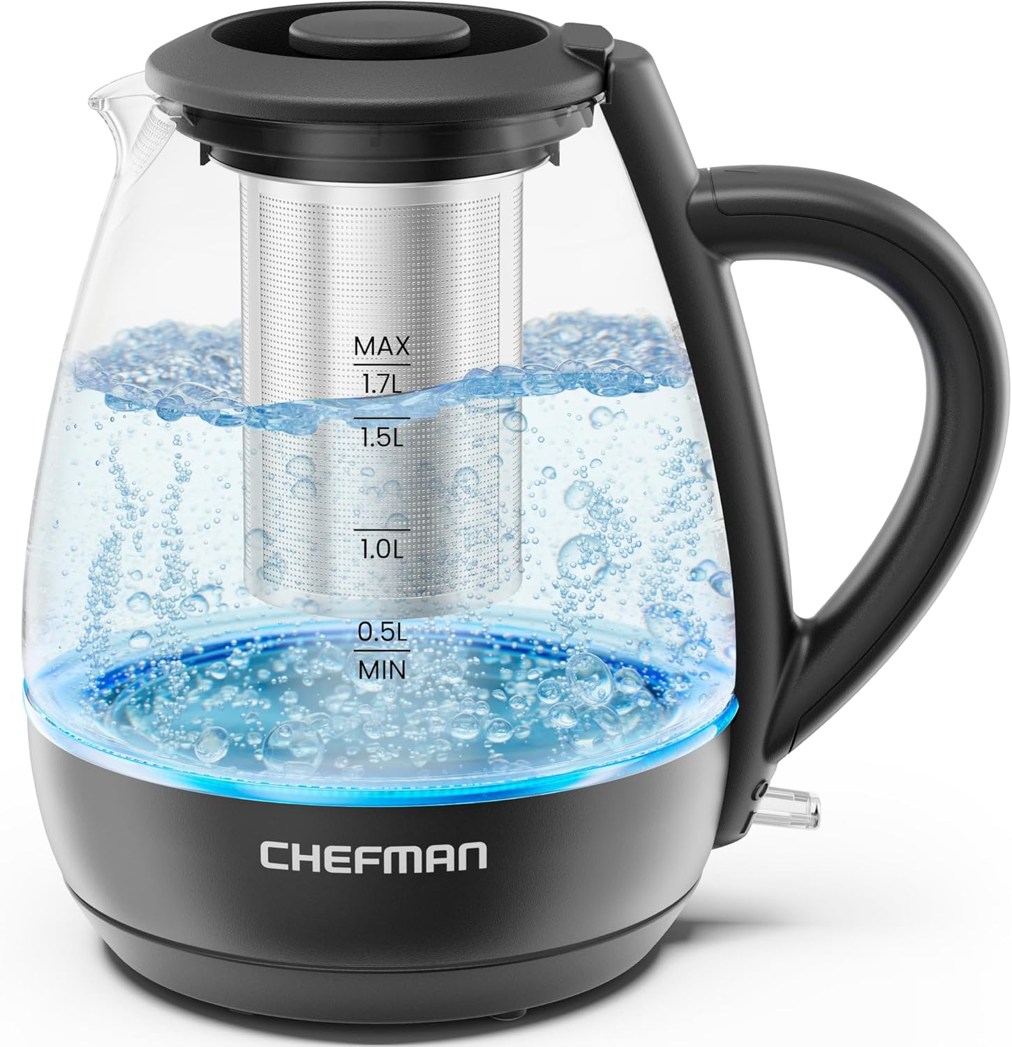 Chefman Hervidor eléctrico con infusor de té, 1.7L 1500W, tapa extraíble para una fácil limpieza, protección contra hervir en seco, filtro de acero
