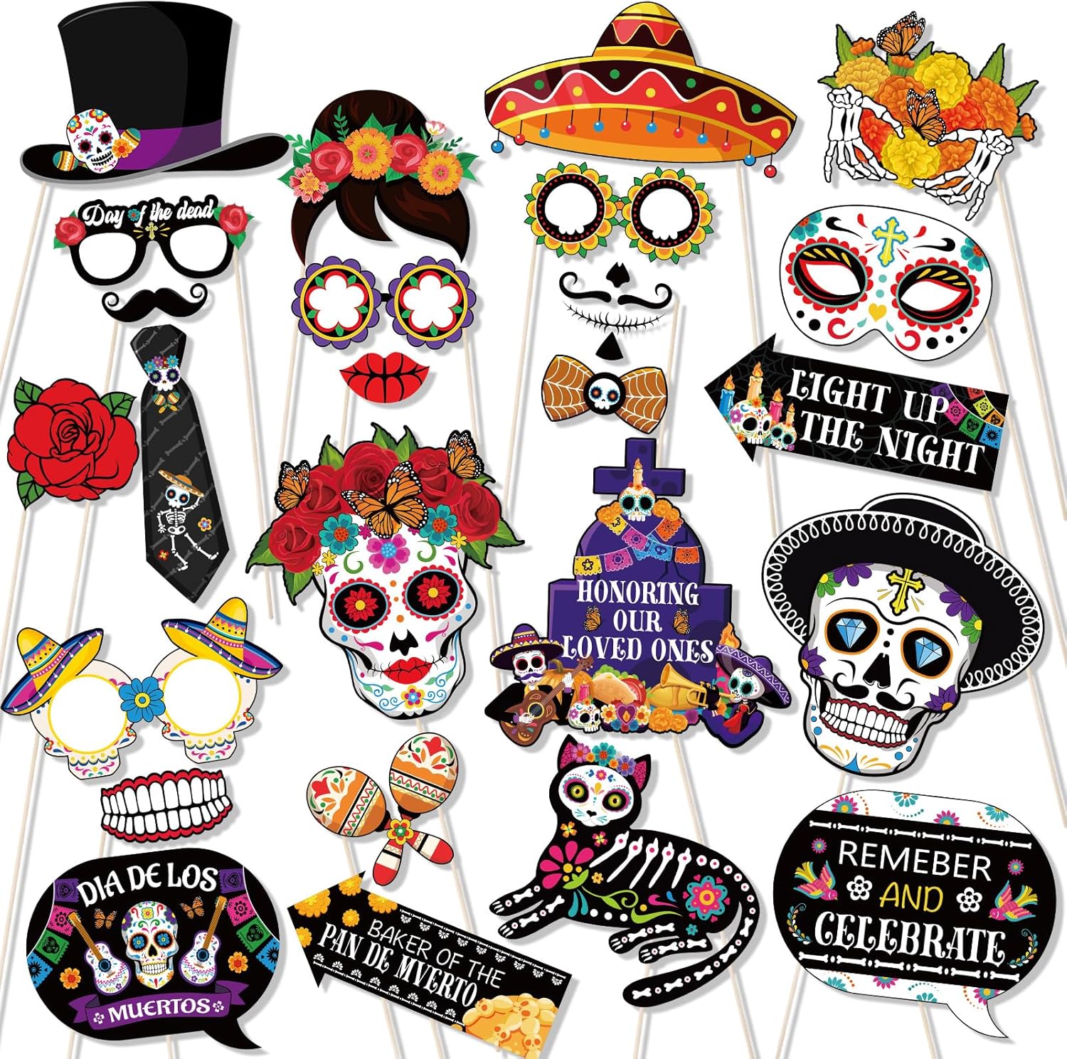 DPKOW Divertidos accesorios para cabina de fotos del Día de los Muertos, accesorios para selfies, accesorios para fotos de Halloween, accesorios