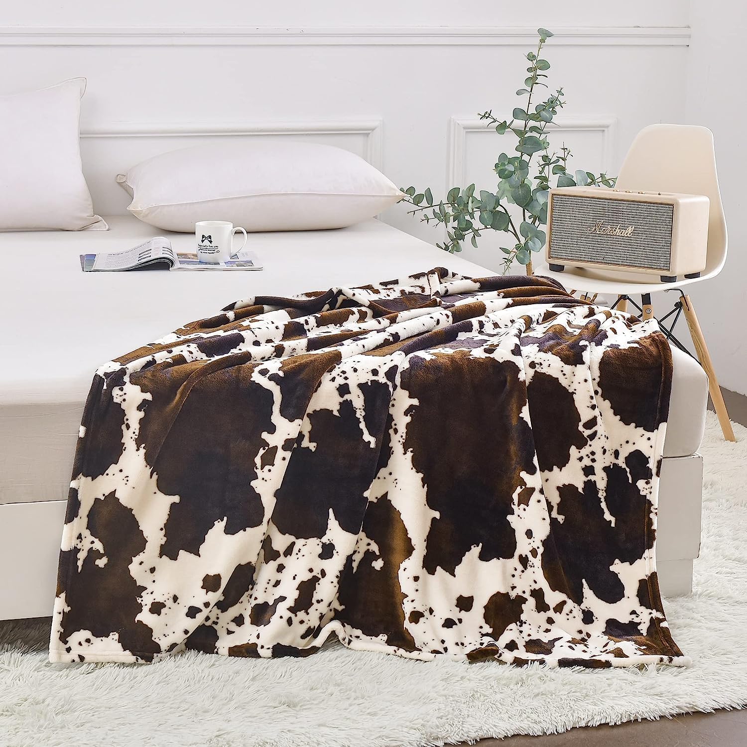 Manta con estampado de vaca marrón, tamaño grande de 90 x 90 pulgadas con bolsa de almacenamiento, manta de regazo de doble cara de 300 GSM, manta
