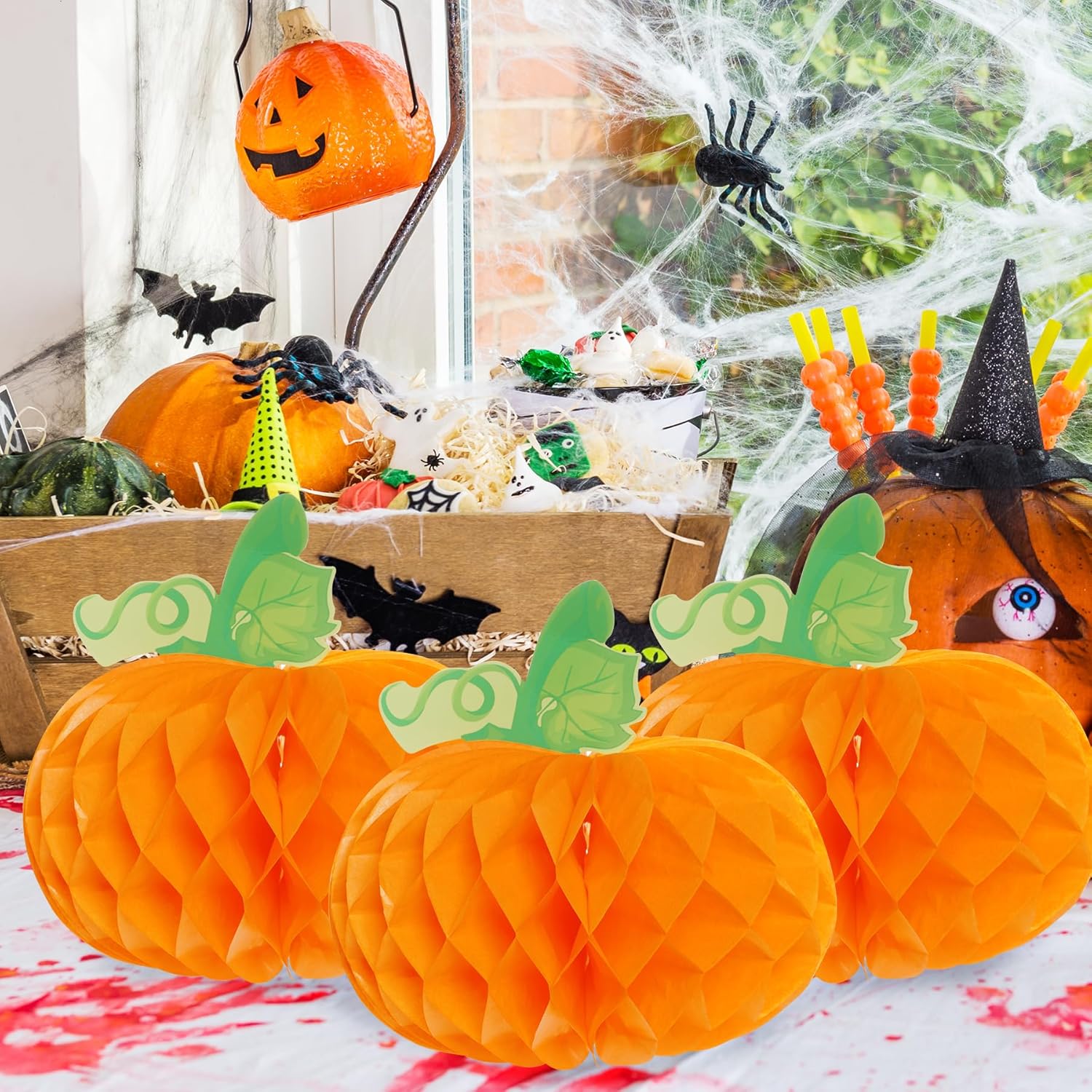 Sucrain 12 calabazas de panal 3D de calabaza de papel de seda para Halloween, fiesta de Acción de Gracias, suministros de festival de otoño (naranja)