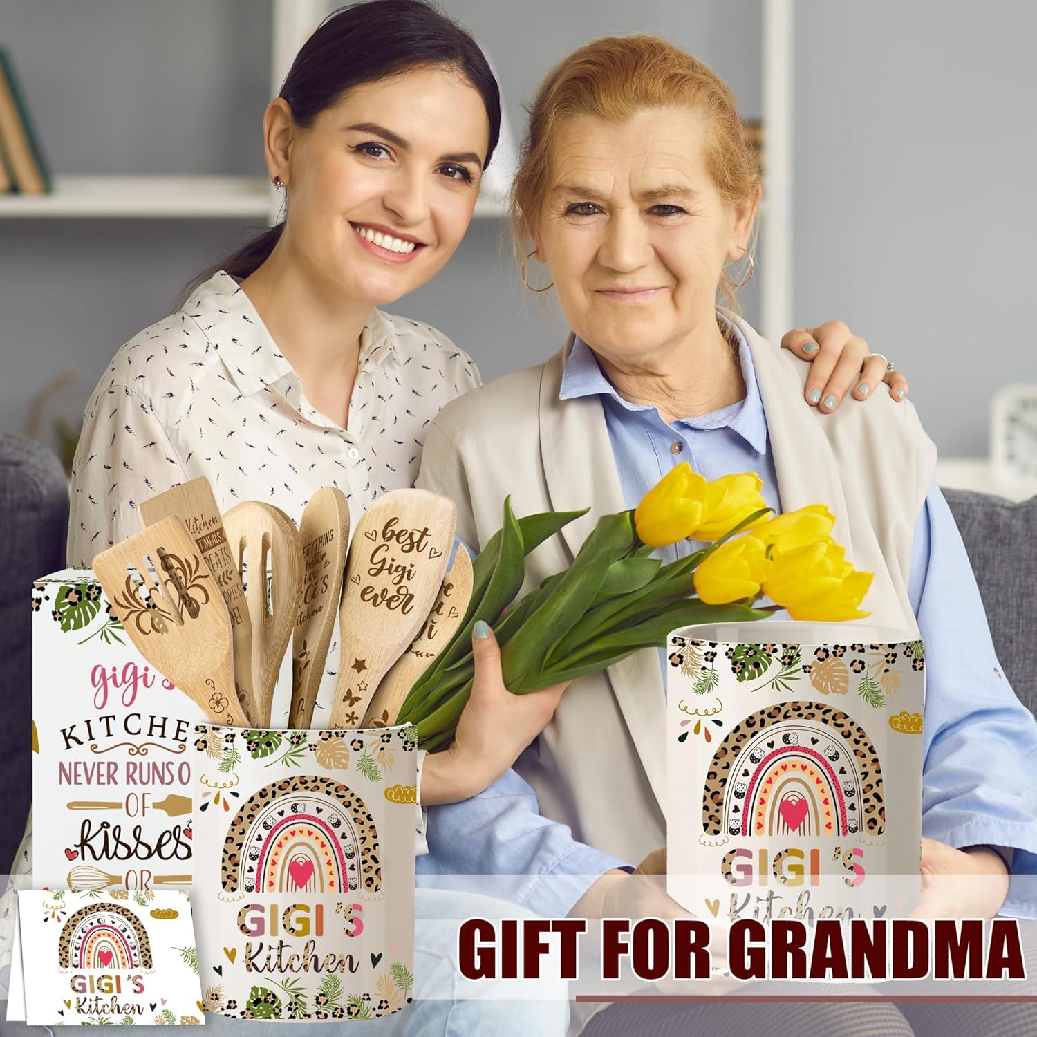 Gigi Gifts – Soporte para utensilios de cerámica para cocinar con cucharas de madera, regalos del día de la madre para Gigi de nietos, regalos de