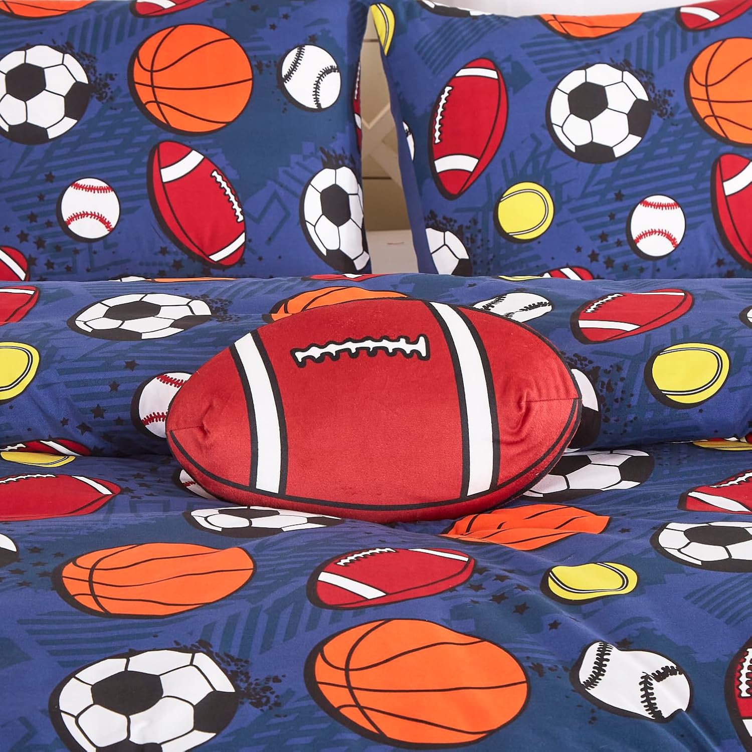 Chezmoi Collection Juego de edredón de 4 piezas con diseño de pelotas deportivas para niños, tamaño matrimonialqueen, microfibra suave, azul marino,