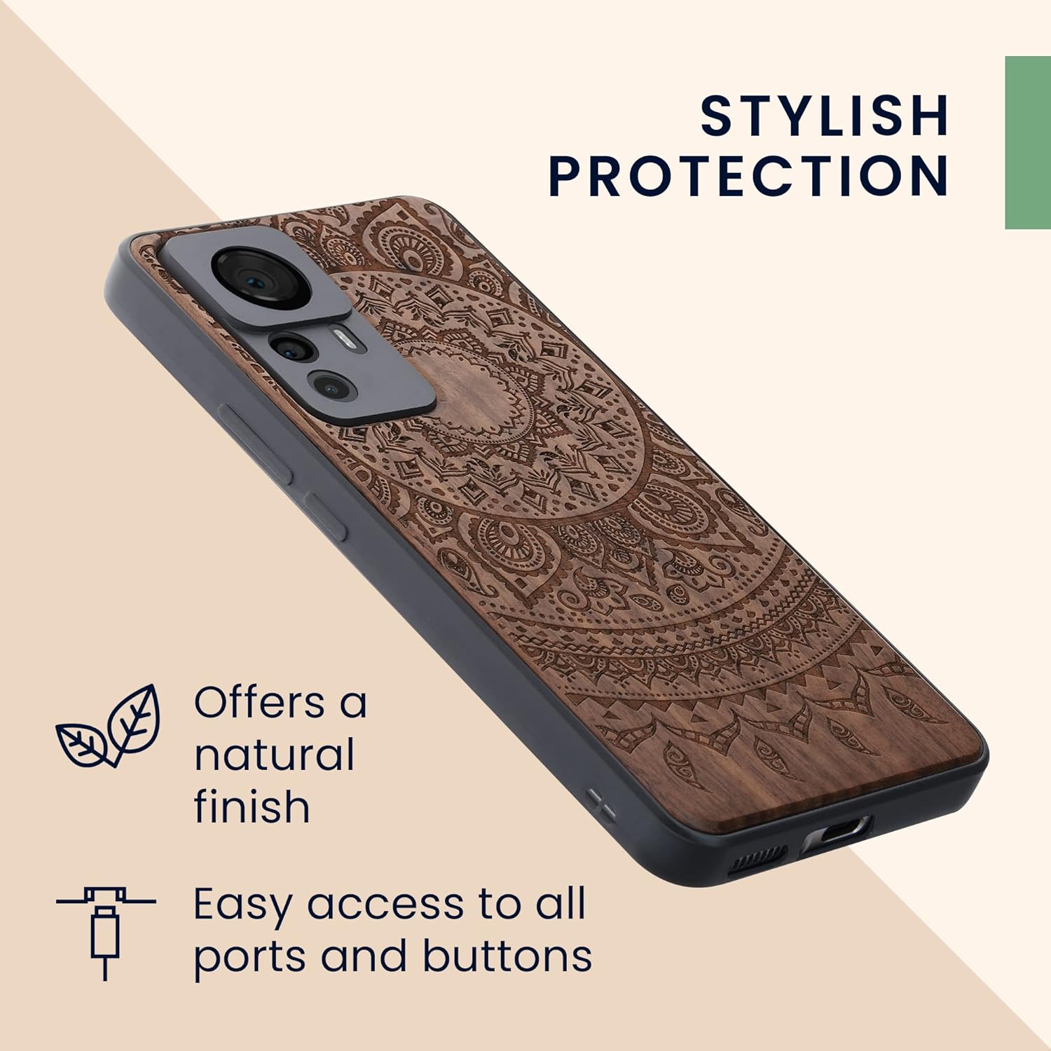 kwmobile Funda de madera compatible con Xiaomi 12T  12T Pro – Funda – Indian Sun marrón oscuro