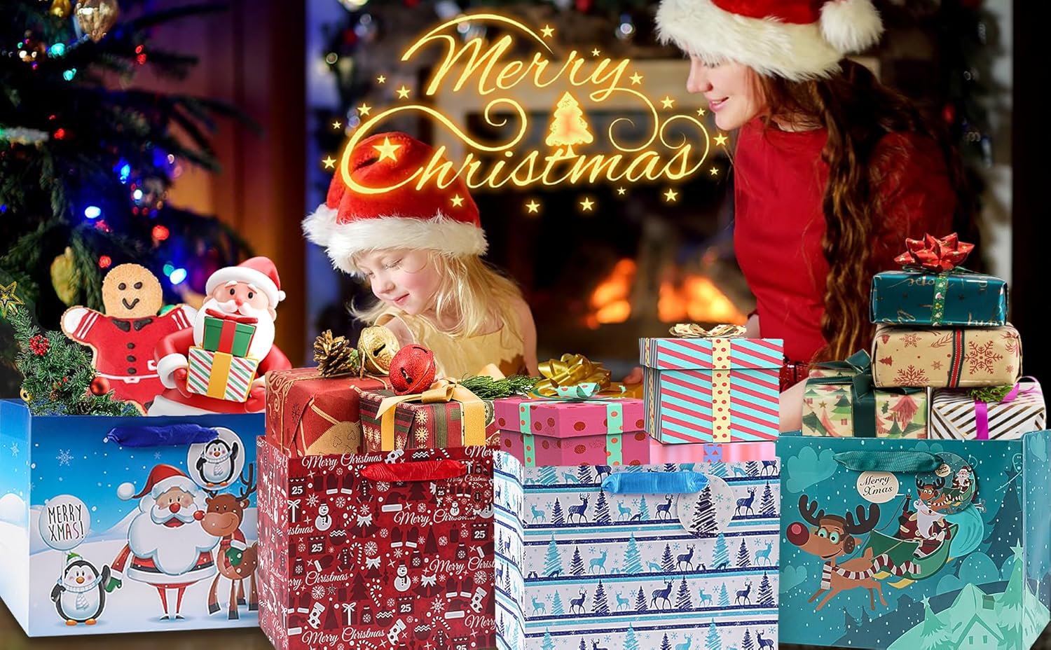 Elephant-package Paquete de 18 bolsas de papel de regalo de Navidad con papel de seda a granel, bolsas de regalo de Navidad medianas con diseños
