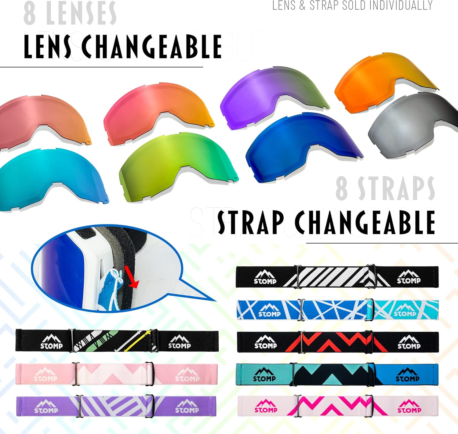STOMP Gafas de esquí y snowboard 100% protección UV400, lentes reemplazablescorreas para hombres, mujeres y jóvenes