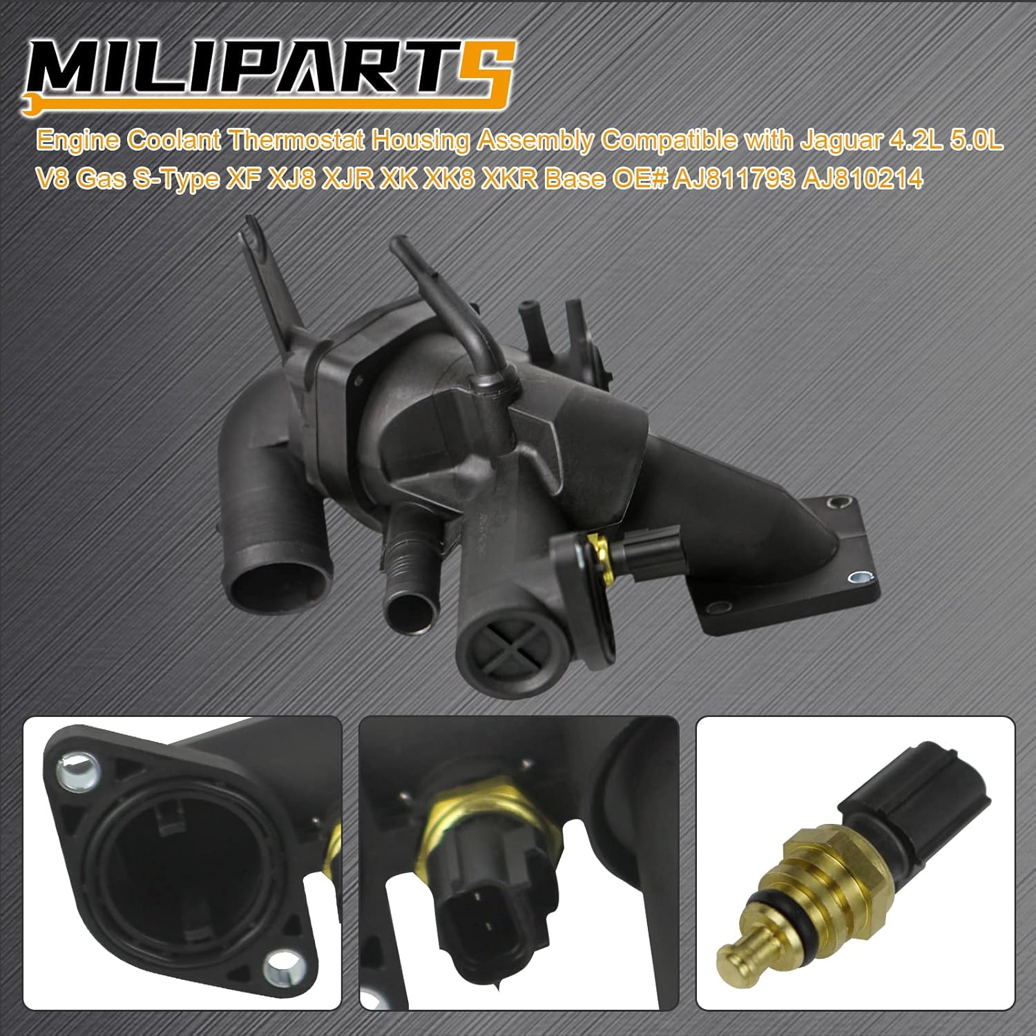Conjunto de carcasa de termostato de refrigerante de motor compatible con Jaguar 4.2L 5.0L V8 Gas S-Type XF XJ8 XJR XK XK8 XKR Base OE# AJ811793