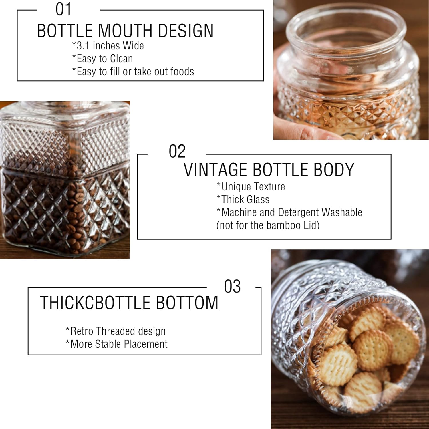 Large Glass Storage Jar, 60 FL OZ Glass Food Storage Containers with Bamboo Lid, Kitchen Containers Cereal Canisters Decorative Jar for Candy Snack