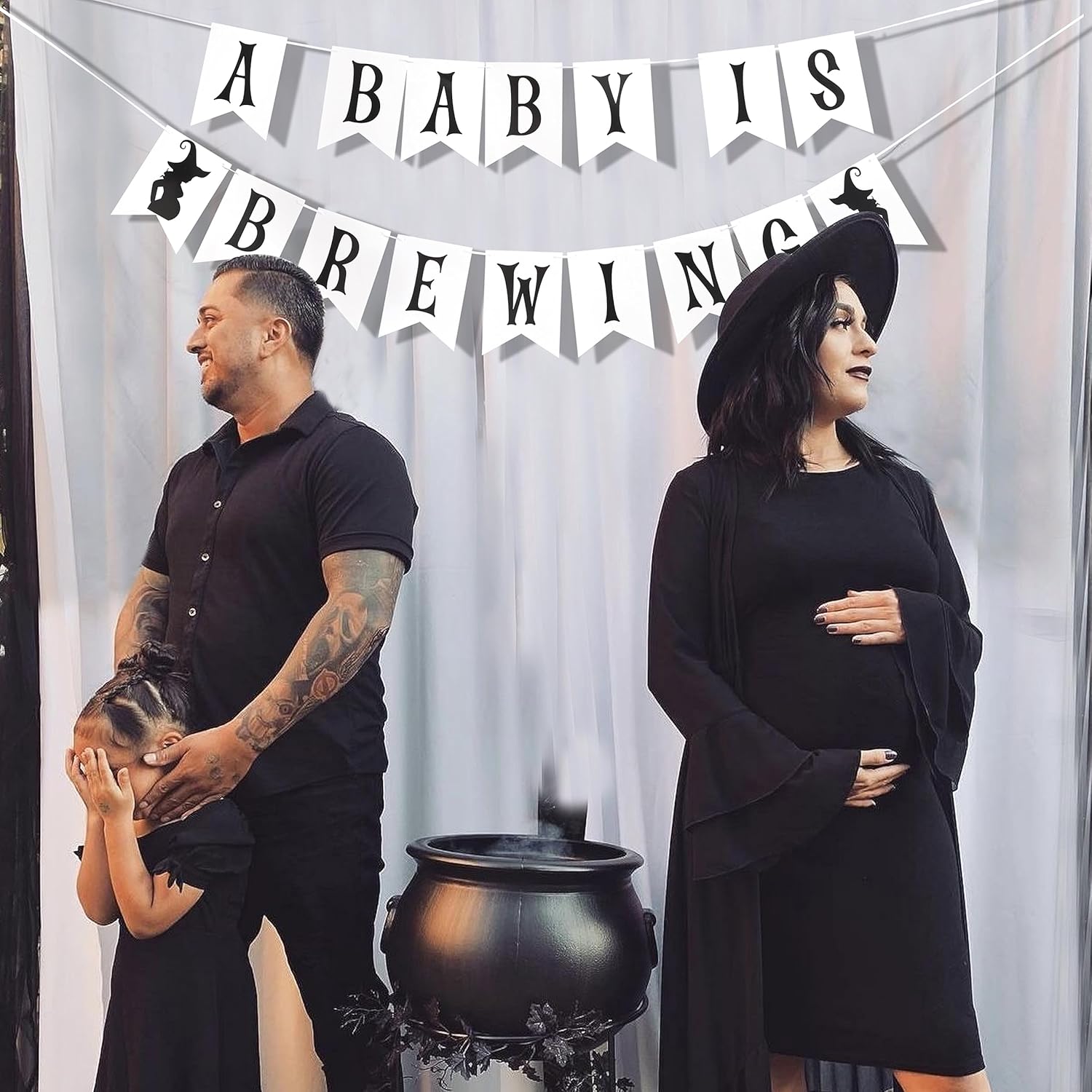 Pancarta sorpresa de fiesta con texto en inglés “A Baby is Brewing”, revelación de género para decoración de Halloween, baby shower, revelación de