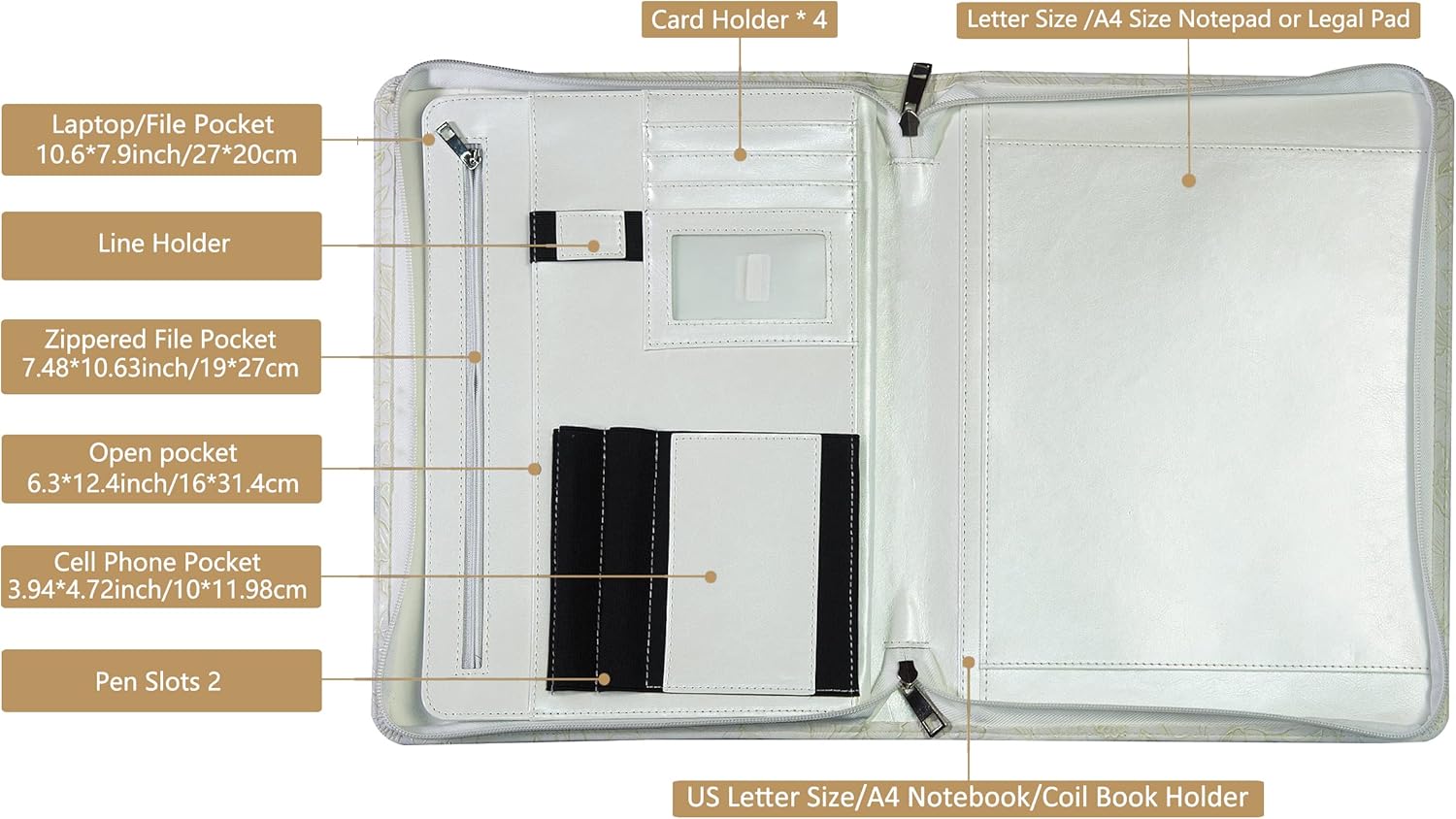 AZXCG Cartera de cuero de impresión, padfolio de piel sintética en relieve con cremallera, cartera de currículum profesional con soporte para bloc