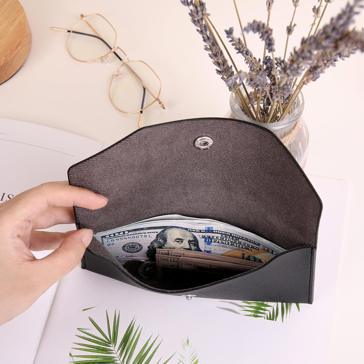 SKYDUE Sobres para efectivo, sobres de dinero de piel sintética para efectivo, bolsa de dinero reutilizable para ahorro de efectivo, cartera