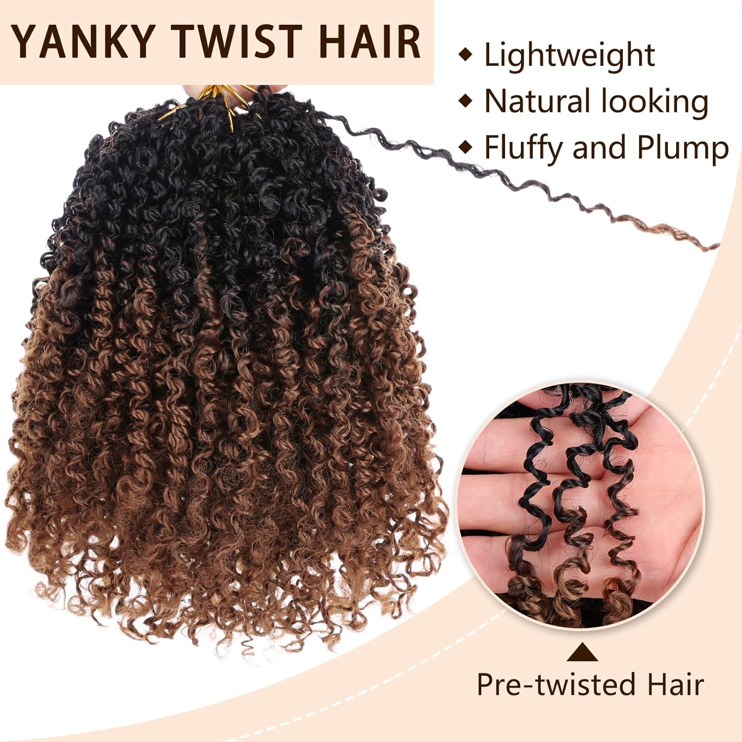 COOKOO Trenzas de ganchillo Yanky Twists de 8 pulgadas, 8 piezas, color marrón degradado, bohemios, cabello de ganchillo senegalés con rizos,