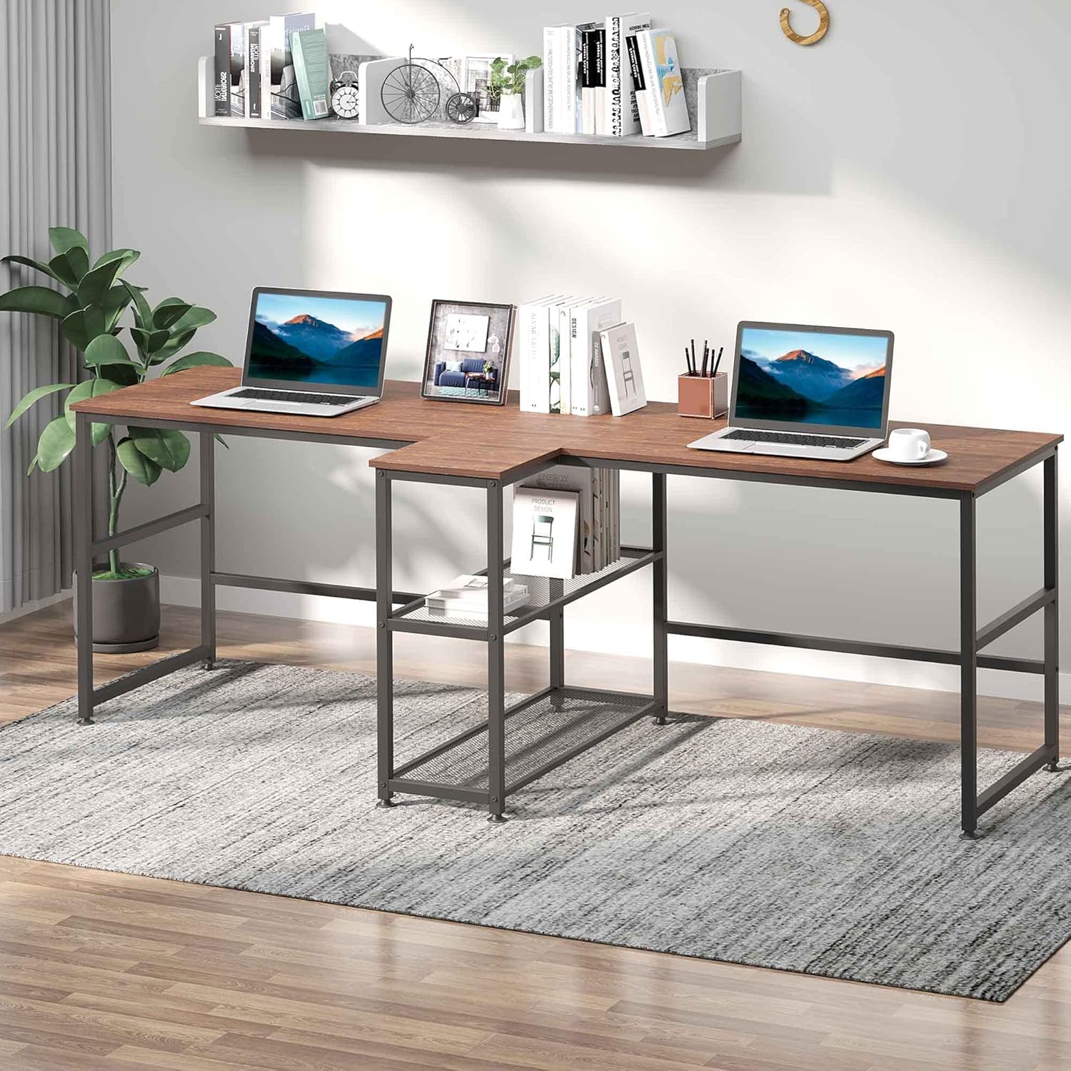 HOMCOM Escritorio para computadora para dos personas de 83 pulgadas con 2 estantes de almacenamiento, estación de trabajo de escritorio doble con
