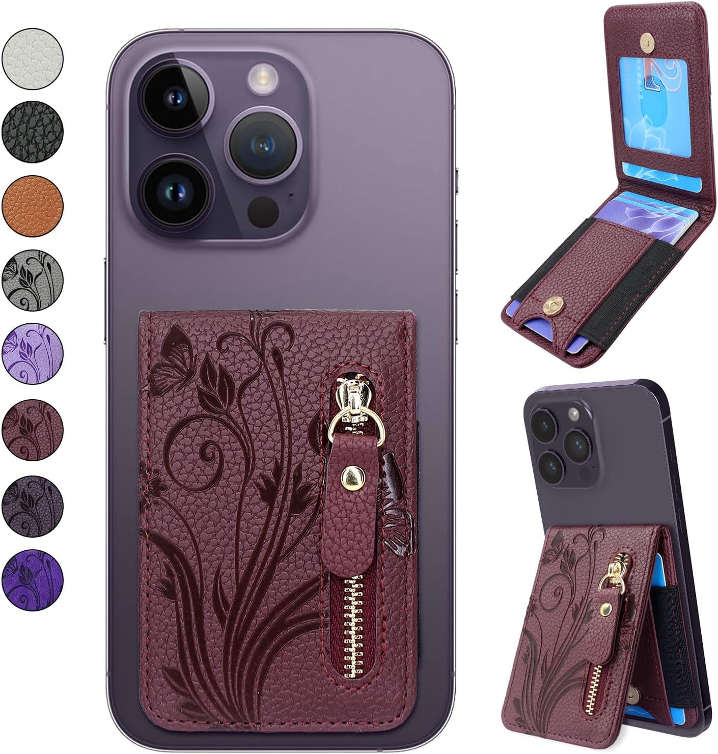 Lacass Tarjetero con cremallera y función atril para teléfono para la parte posterior del teléfono, adhesivo para iPhoneSamsungMotoBLUNokia y la