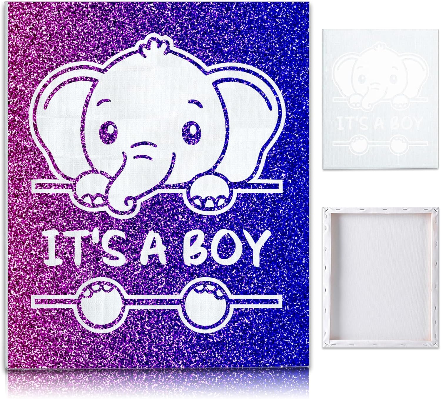 Juego de mesa de lienzo para revelación de género con confeti azul y rosa con purpurina, elefante para baby shower, suministros para fiesta de