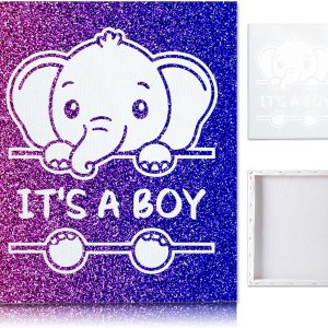 Juego de mesa de lienzo para revelación de género con confeti azul y rosa con purpurina, elefante para baby shower, suministros para fiesta de Juego de mesa de lienzo para revelación de género con confeti azul y rosa con purpurina, elefante para baby shower, suministros para fiesta de