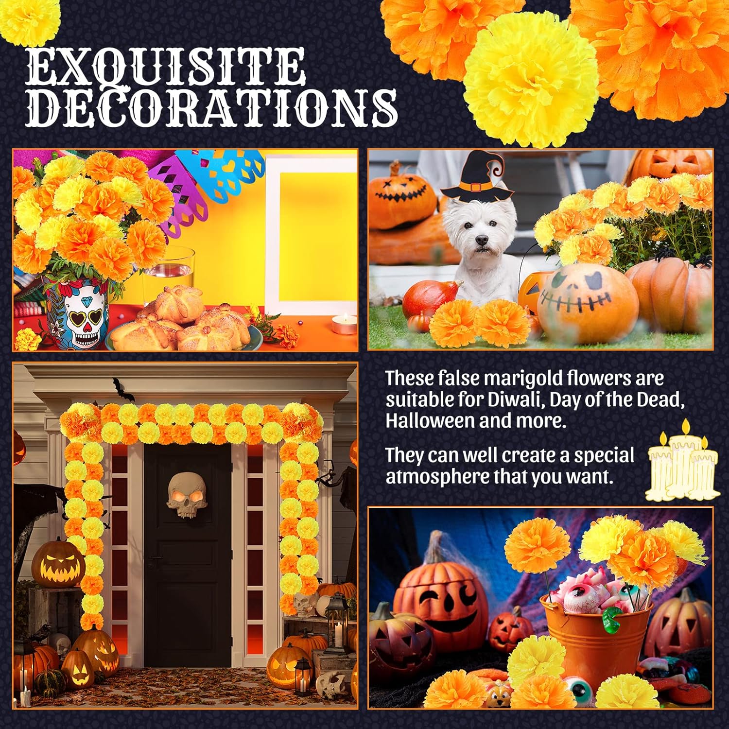 100 flores artificiales de caléndula con tallos de 3.5 pulgadas, flor falsa de caléndula de seda para fiesta de Halloween, decoración de altar para