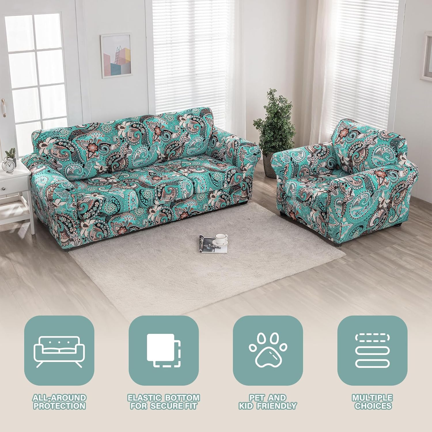Lamberia Funda de sofá estampada para sillón de 3 cojines, funda de sofá de alta elasticidad de 4 piezas con tres fundas de cojín separadas con