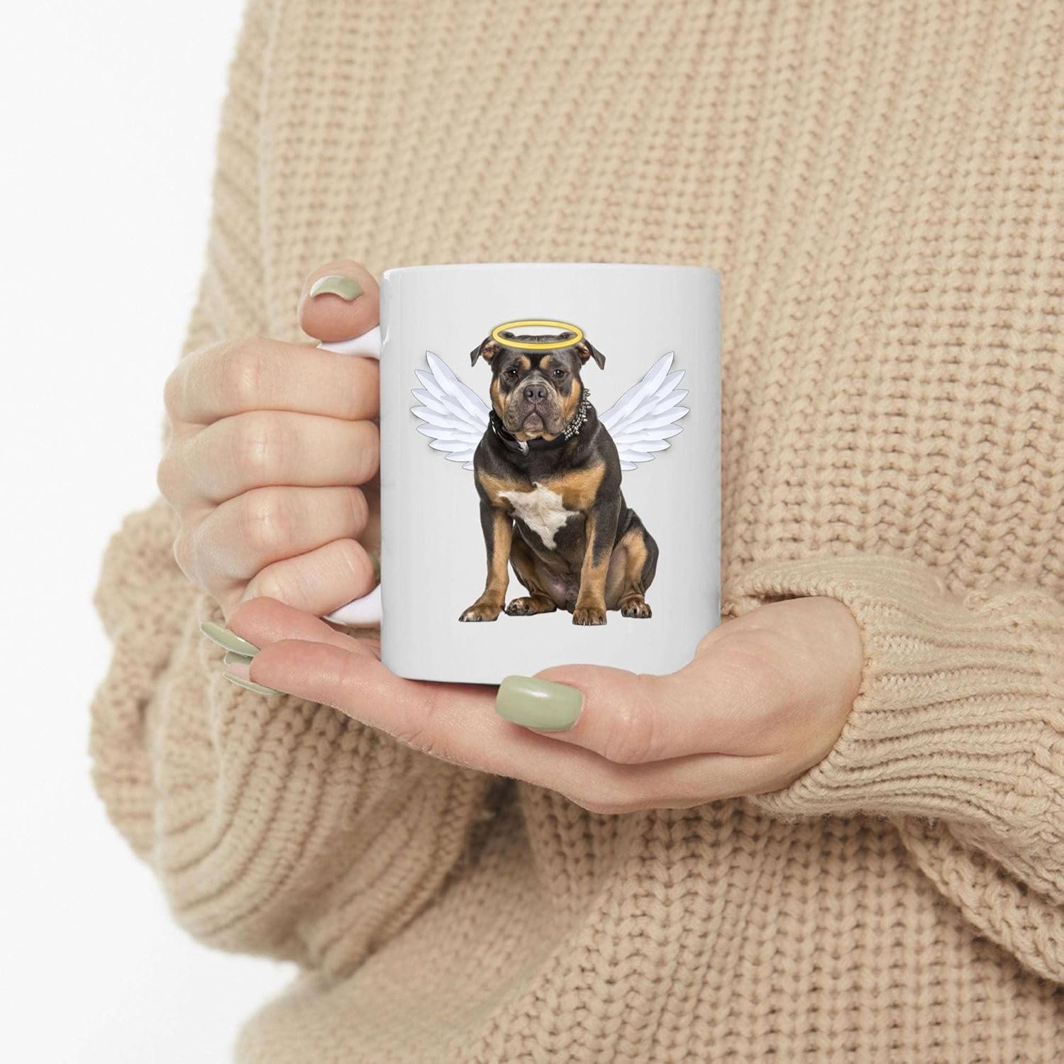Black Tan American Bully Angel Wings Taza de café conmemorativa  Regalos de condolencias para los amantes de los perros, taza blanca de 11 onzas