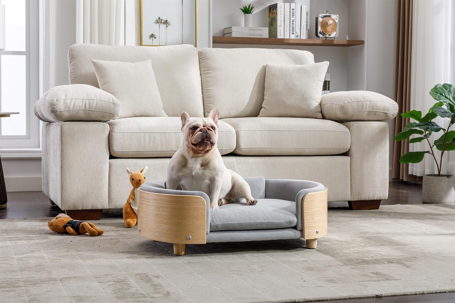 HomSof Cama elevada para perro de 30.7 pulgadas, sofá para mascotas con patas de madera maciza y respaldo de madera doblada, cojín de terciopelo,