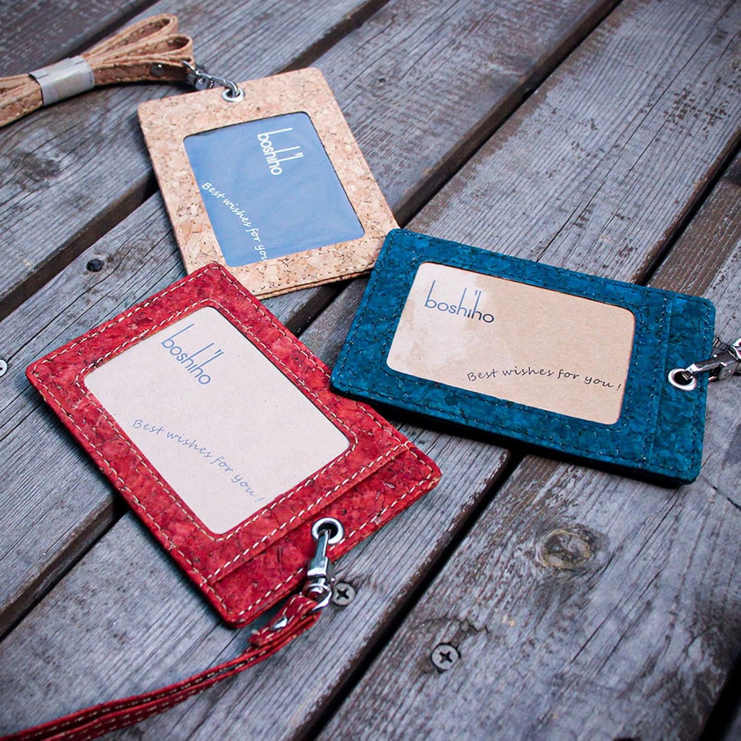 Boshiho. Funda vertical, de piel, para tarjeta de identificación con cordón resistente., Corcho