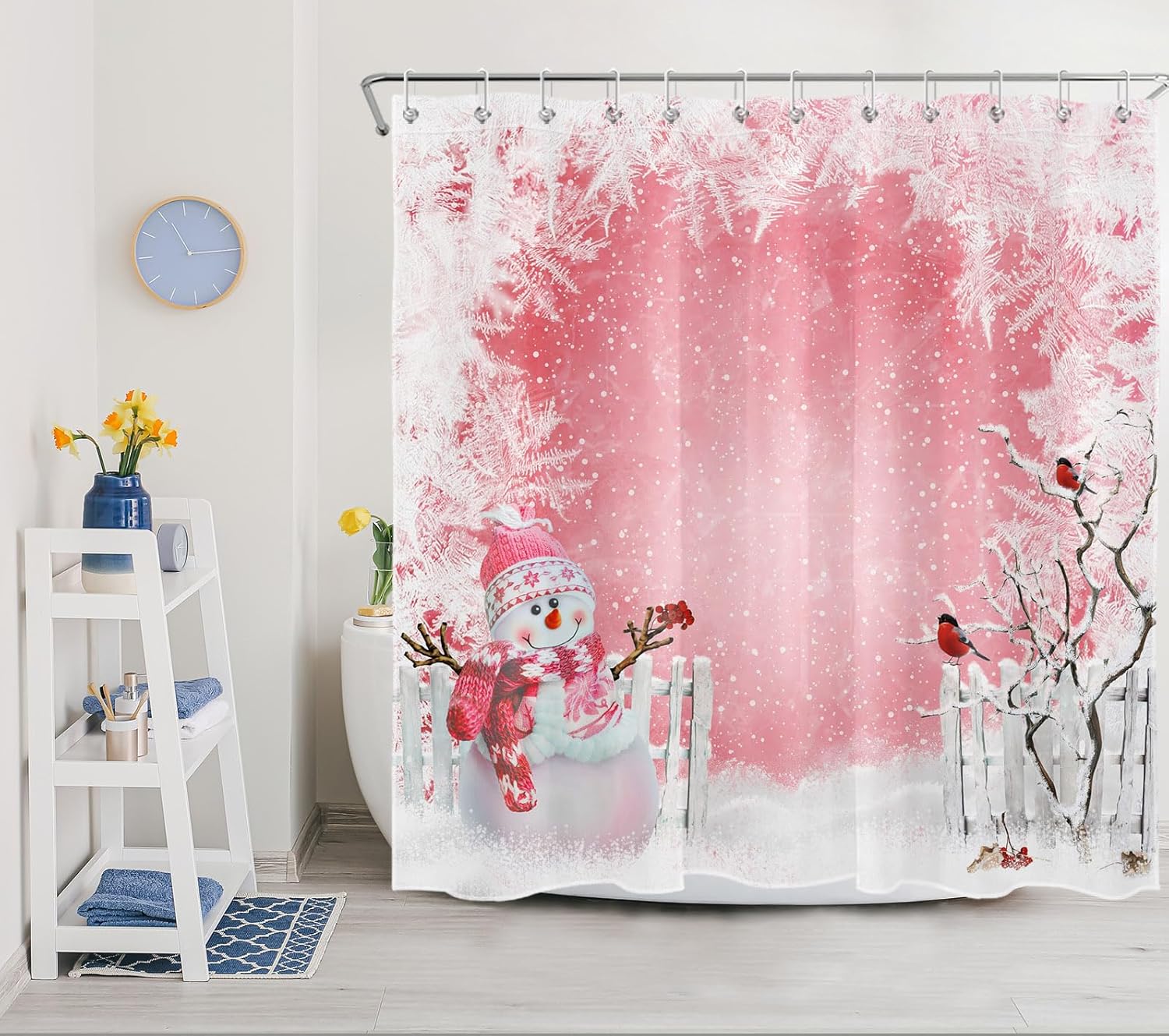 LB Pink Christmas Shower Curtain Decor, Funny Snowman and Cardinals Winter Snow Scenery Shower Curtain for Bathroom 72″ W x 72″ L Polyester Fabric