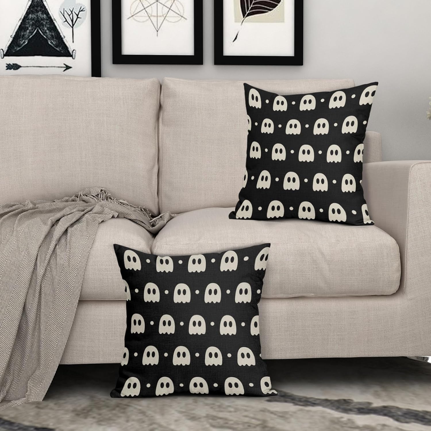 Juego de 2 fundas de almohada de fantasma negro y beige de 18 x 18 pulgadas  18.0 x 18.0 in., bonitas fundas de almohada decorativas de lino de