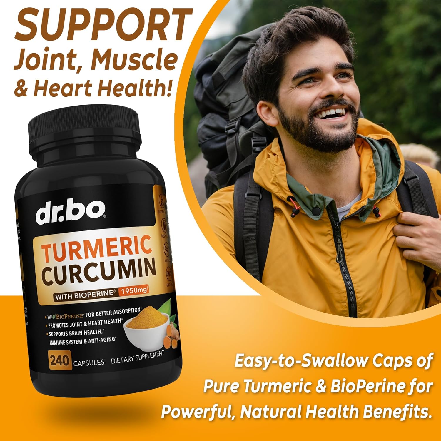 Curcumina de cúrcuma con cápsulas de suplemento BioPerine, suplementos naturales de apoyo articular con 1950 mg de cúrcuma Longa Pure Organic