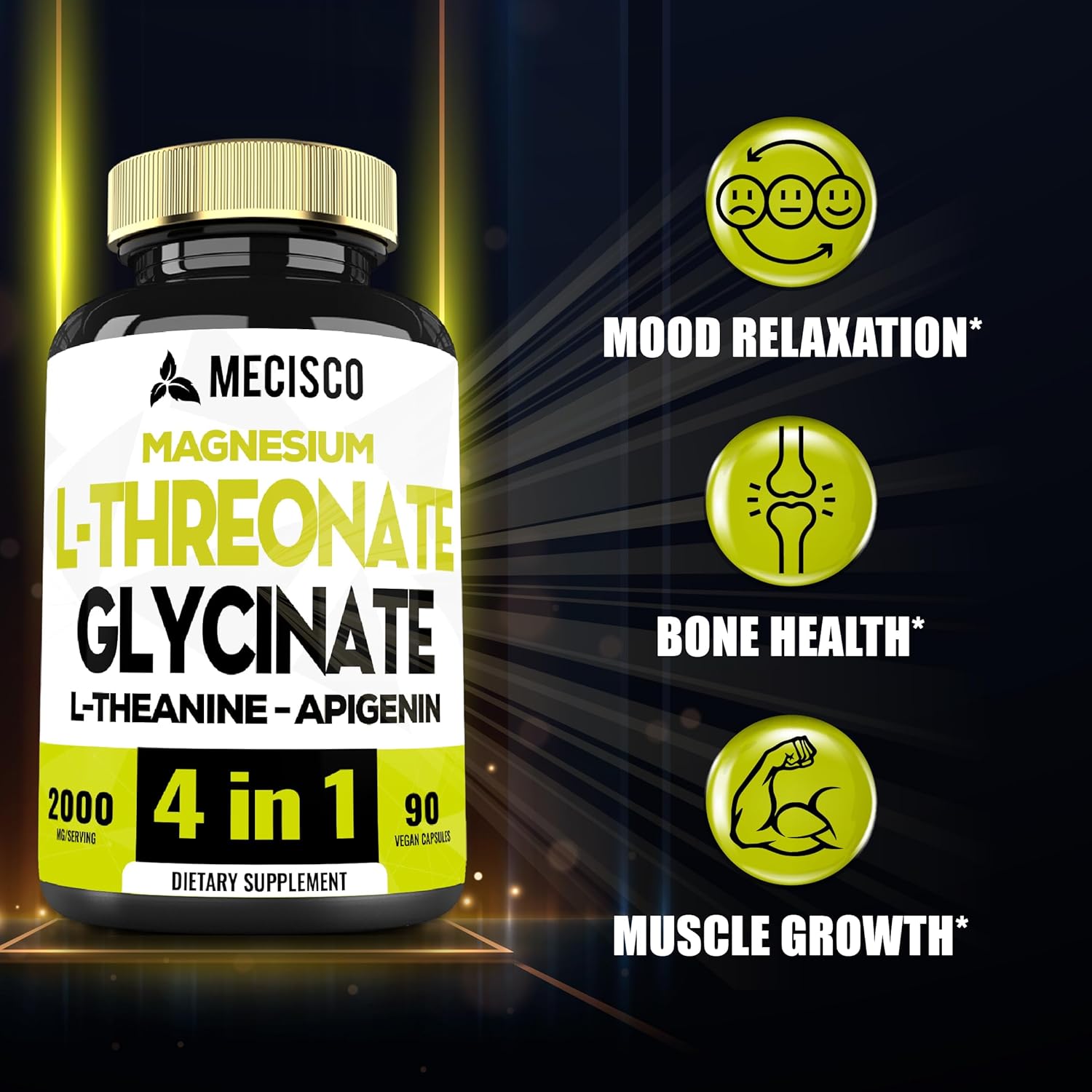 90 cápsulas  Suplemento de treonato de magnesio L de 2000 mg con glicinato de magnesio, L-teanina y apigenina  Estado de ánimo positivo, salud