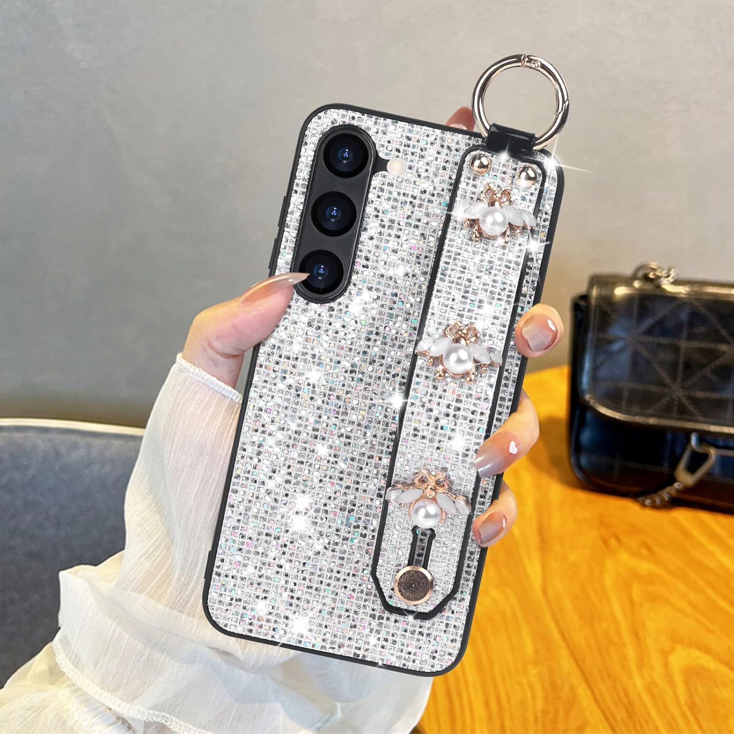 Guppy Compatible con Samsung Galaxy S23 Plus Bling Stand Case, Luxury Sparkle Bling Funda protectora con soporte y correa de mano, correa de muñeca