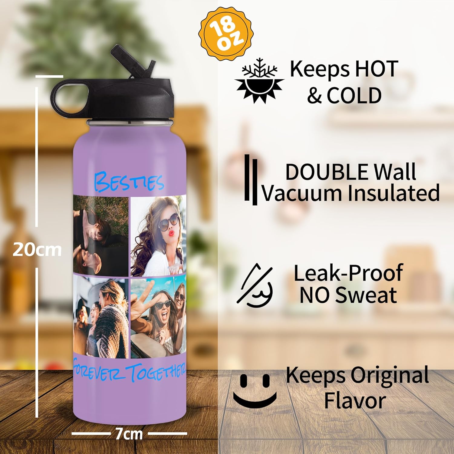 Botellas de agua con fotos personalizadas, botella de agua aislada de acero inoxidable con impresión de doble cara personalizada de 18 oz32 onzas