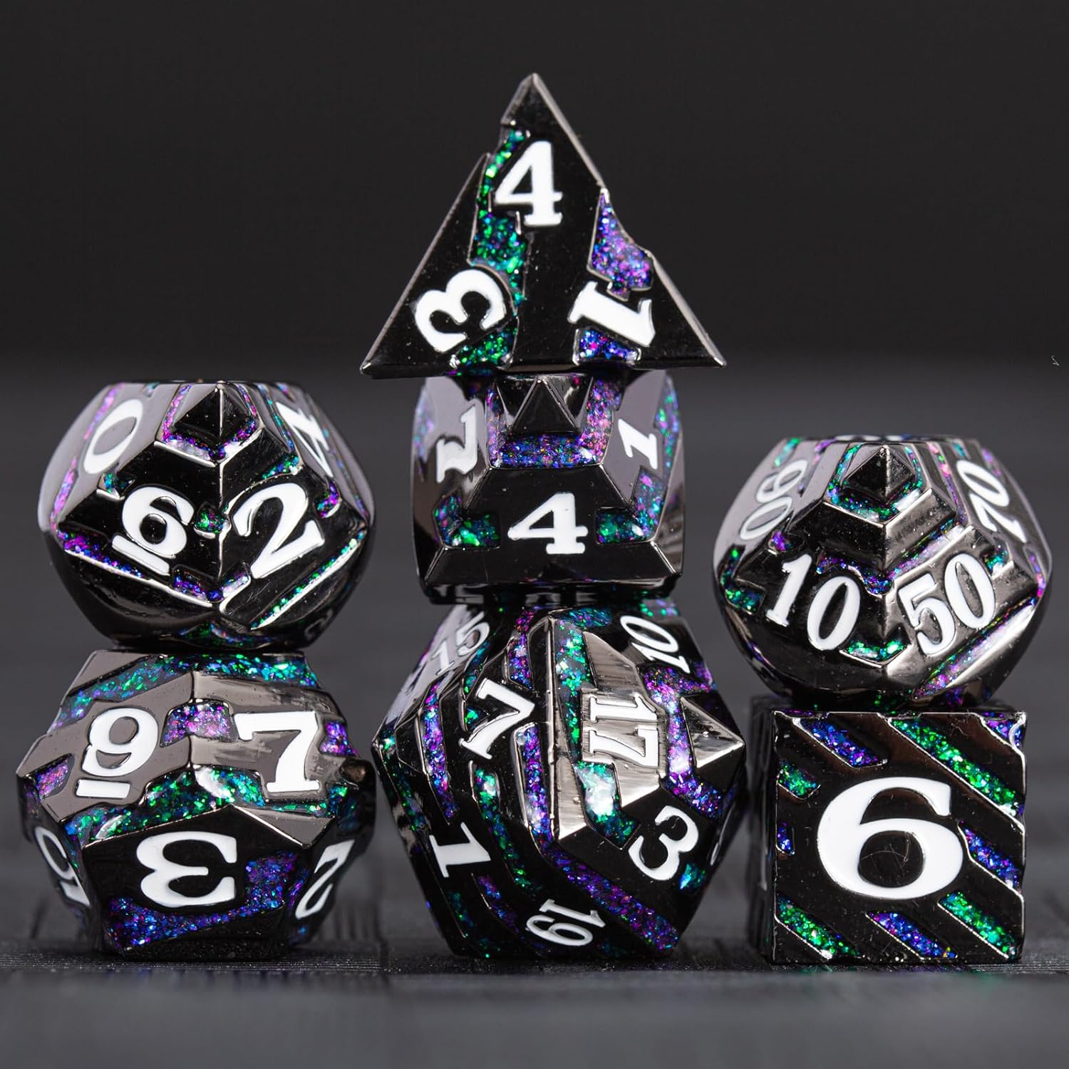 DND – Juego de dados de mazmorras y dragones d20, dados de rayas metálicas con funda de regalo, juegos de dados poliédricos para juegos de mesa,
