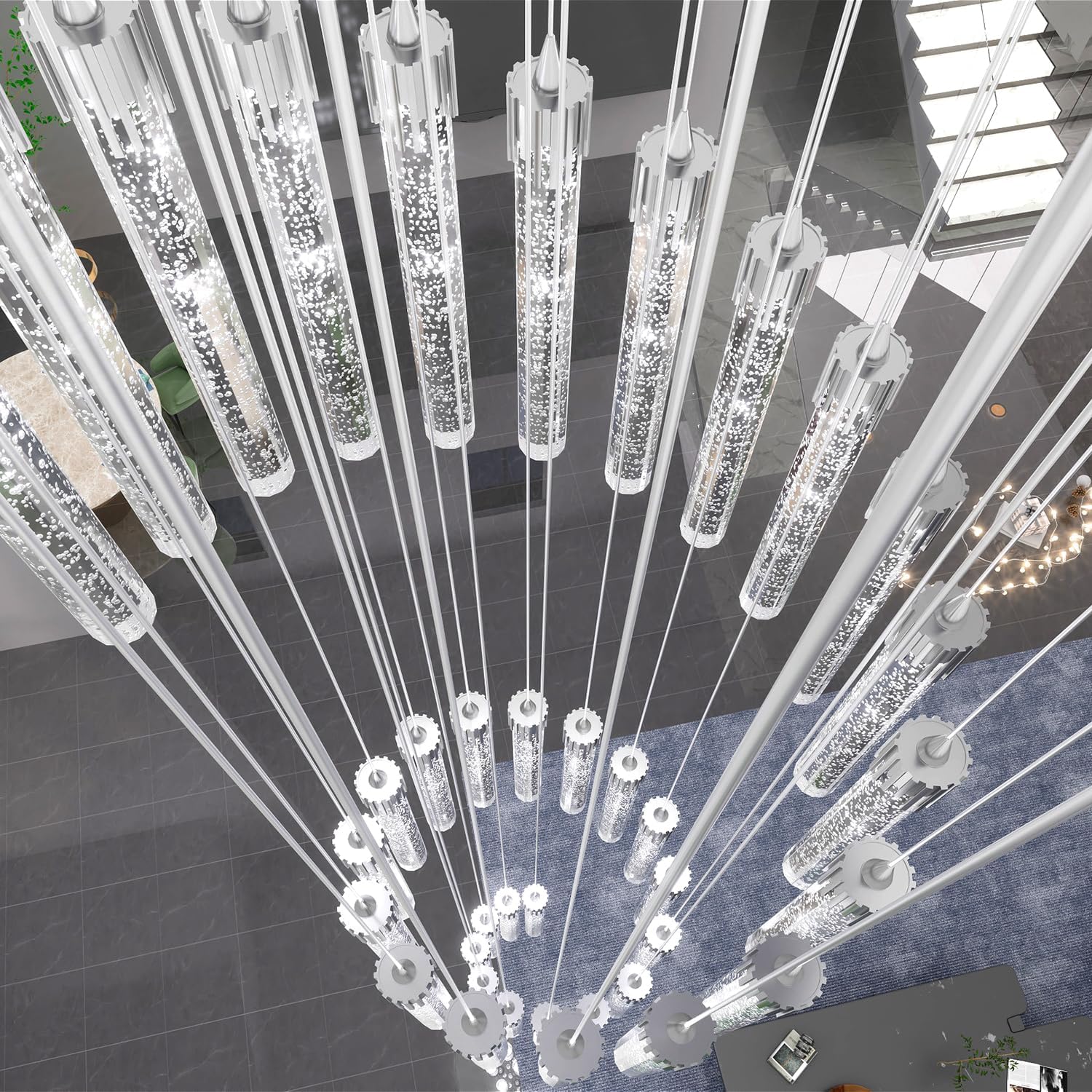 Candelabros de escalera en espiral de 157 pulgadas de largo, color plateado, 25 luces LED modernas, regulables, lámpara de iluminación inclinada de