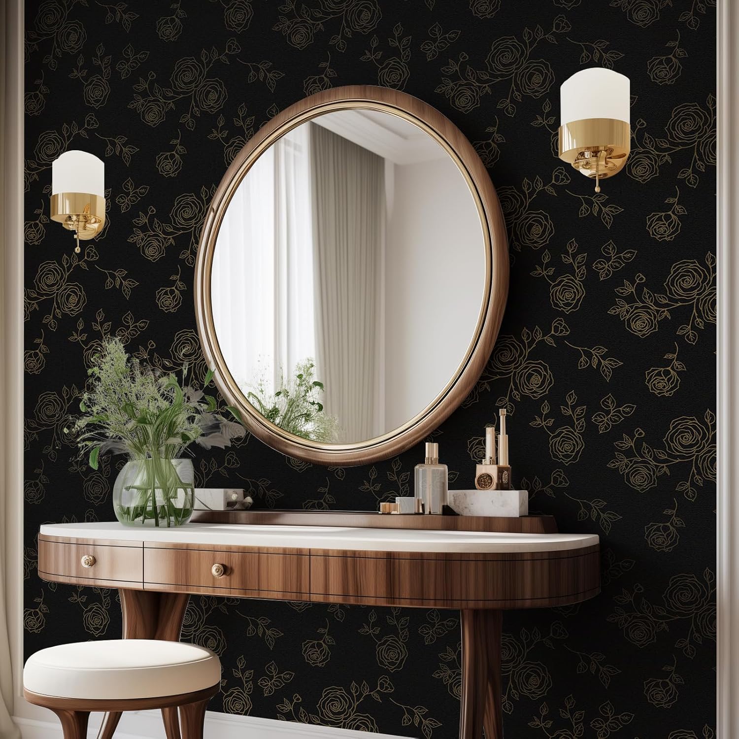 Amiya Papel tapiz de flores para despegar y pegar, papel tapiz bohemio dorado y negro, renovación de dormitorios, armarios, etc. Papel tapiz de