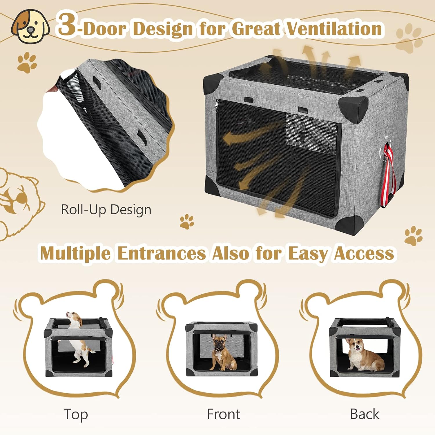 Tangkula Jaula plegable para perros de 3 puertas, suave con almohadilla extraíble y marco de metal, transportador de viaje para mascotas, lavable
